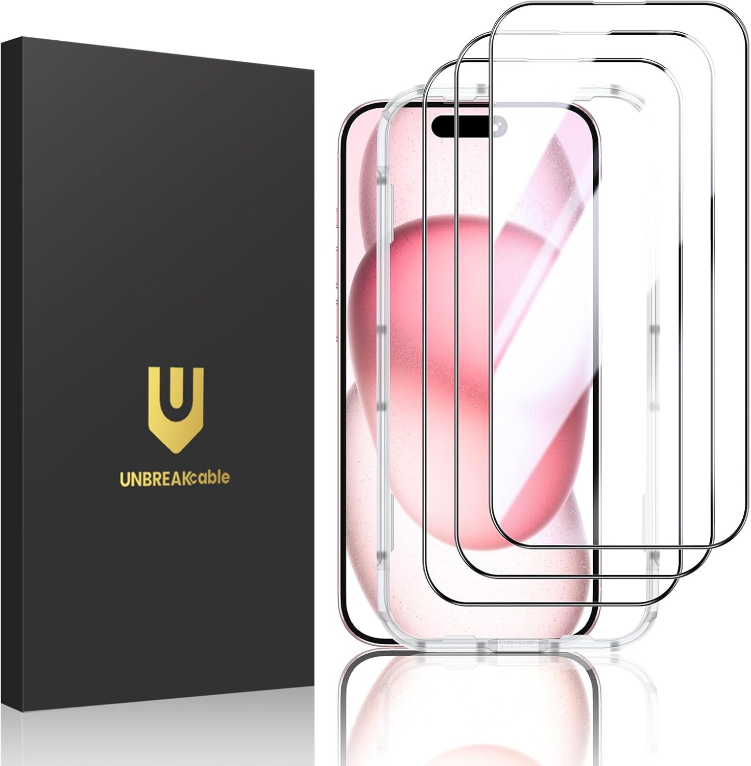 UNBREAKcable 3-Pack Screen Protector for iPhone 15, Double Shatterproof Tempered...