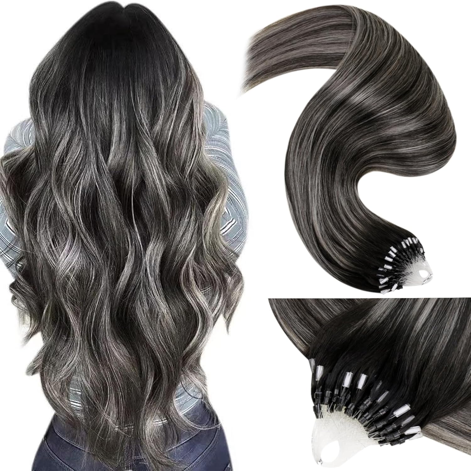 LaaVoo Micro Link Hair Extensions Human Hair Ombre Black with Silver Grey Balaya...
