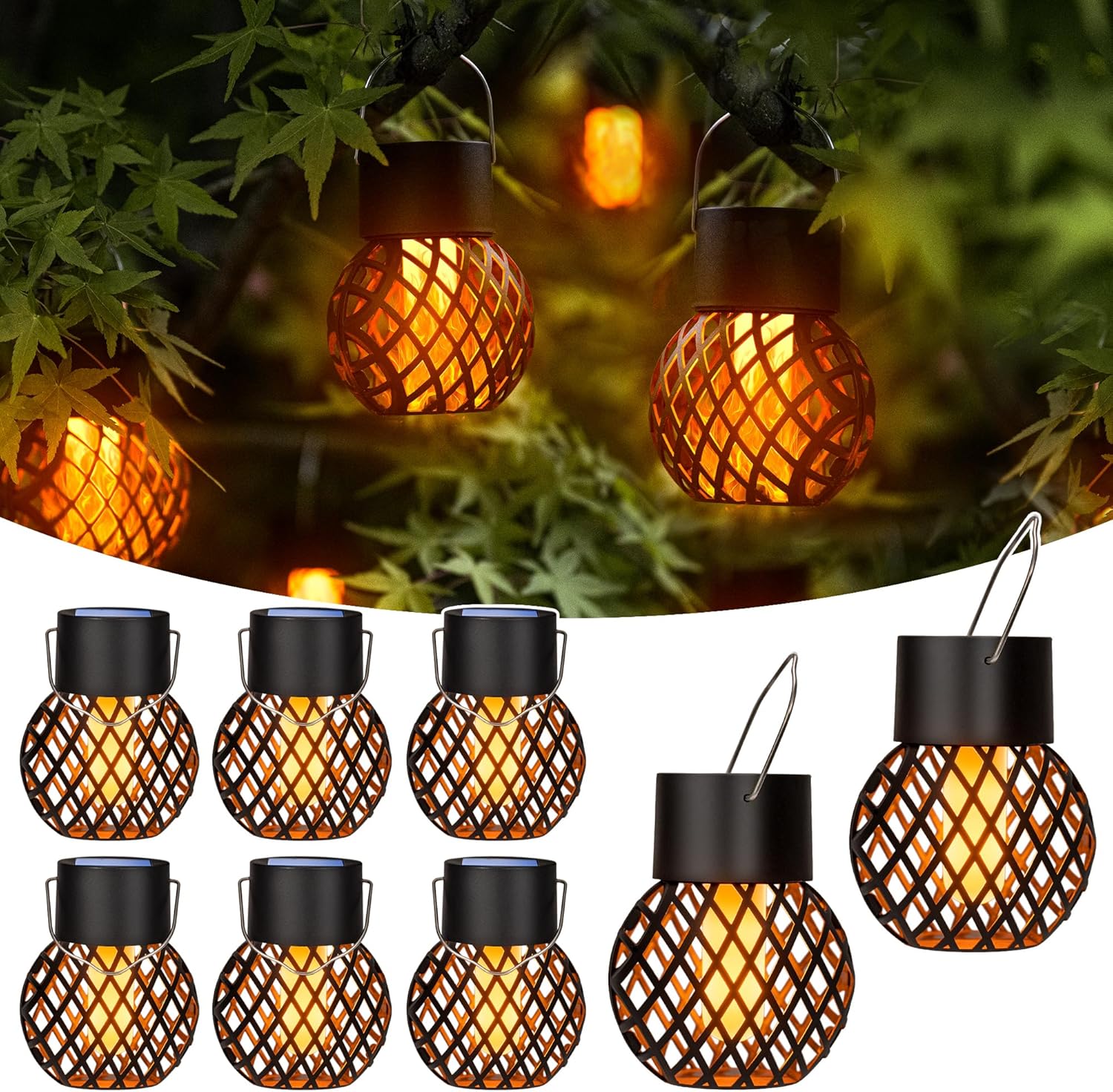 GIGALUMI Solar Lights Outdoor Garden, 8 Pack Hanging Solar Lights Flickering Fla...