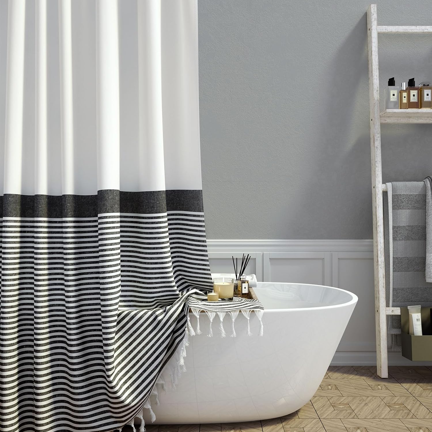 Dynamene Extra Long Fabric Shower Curtain, Special Farmhouse Black and White Str...