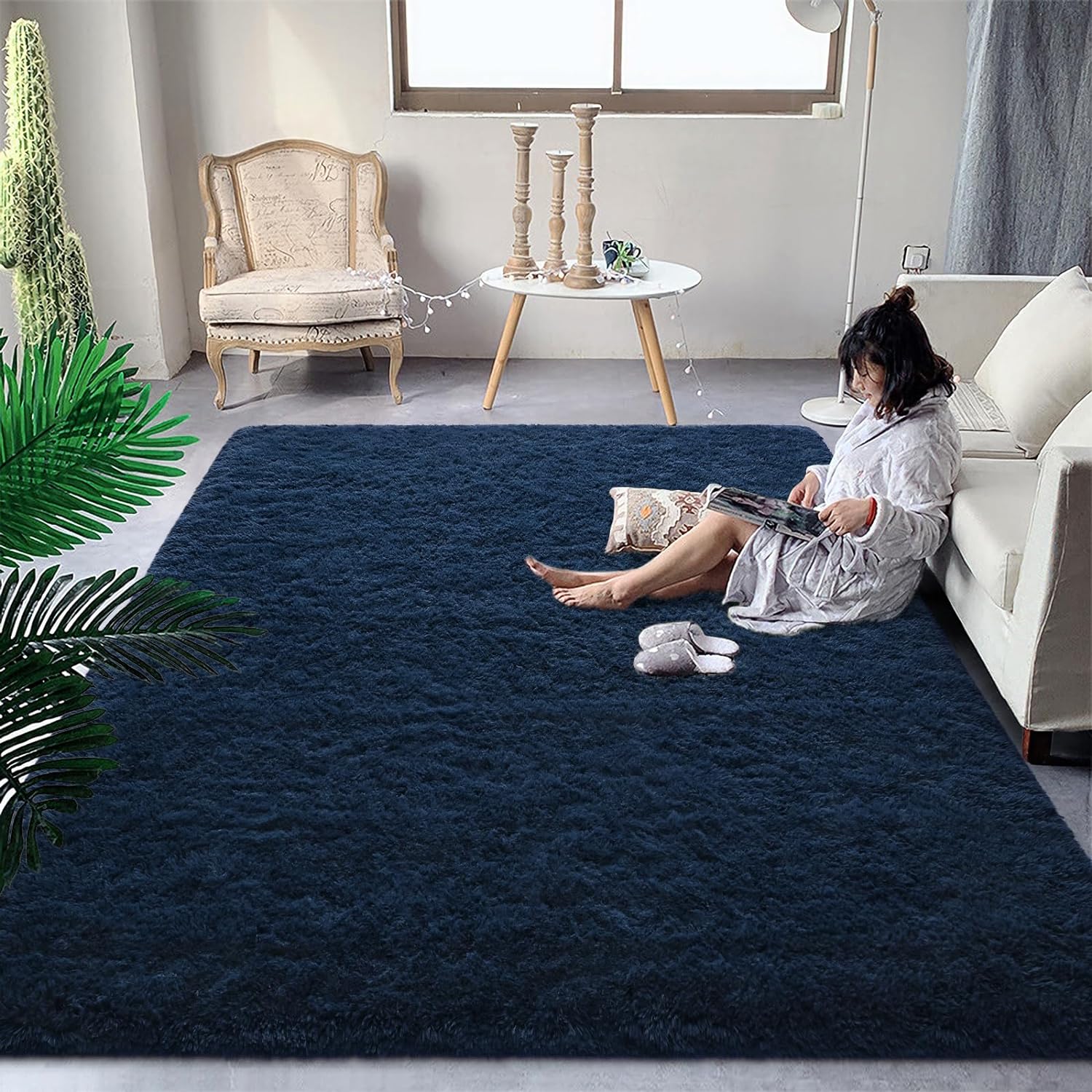 DweIke Extra Large Fluffy Area Rug, 9x12 Feet Navy Blue Modern Indoor Living Roo...