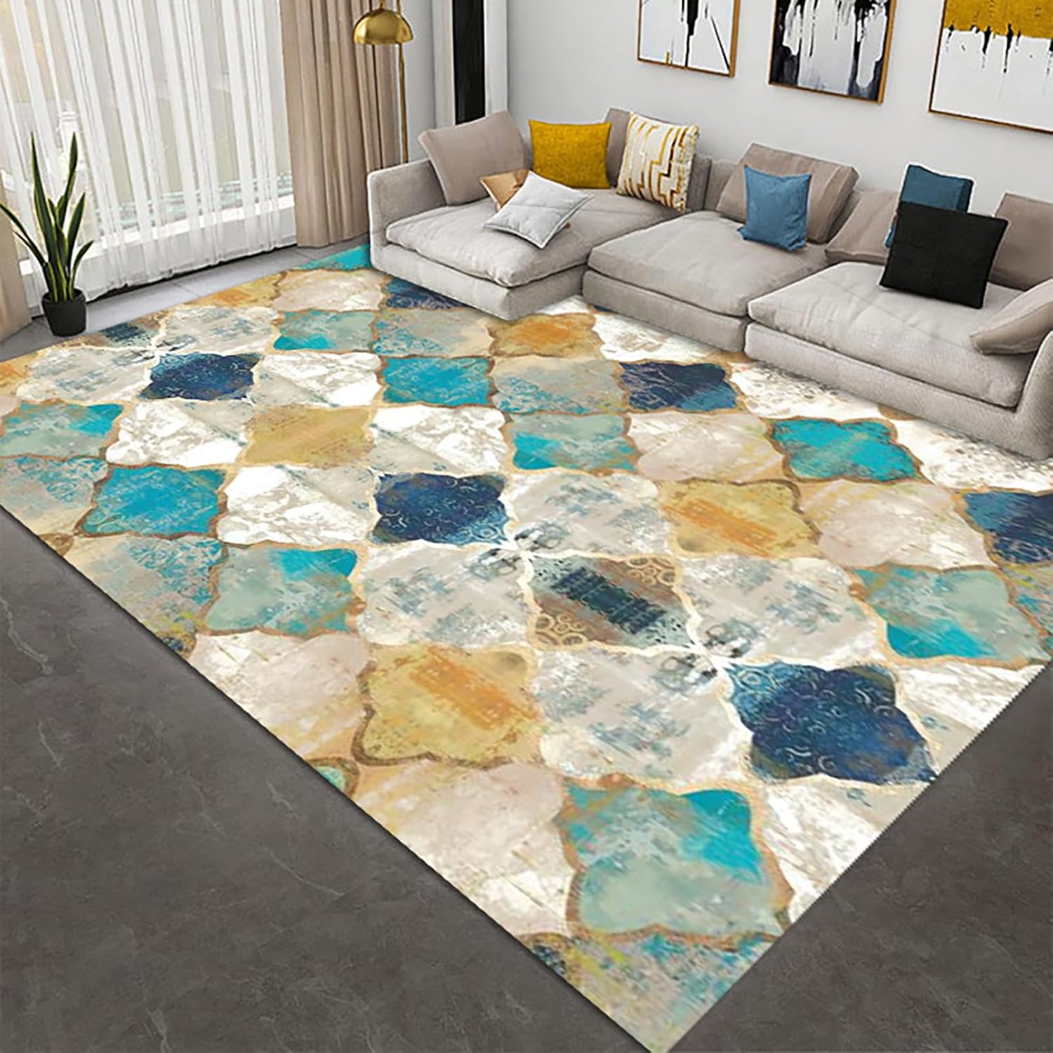 FINOREN Artistic Abstract Area Rug, Special Rug Lattice-Lake Blue, Unique 5x7 Fe...