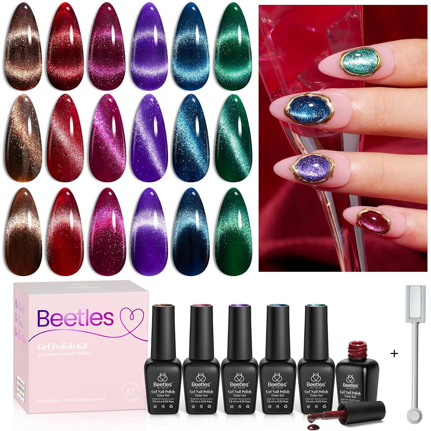 Beetles Cat Eye Gel Nail Polish Set 6 Colors, Glitter Red Shiny Brown Burgundy P...