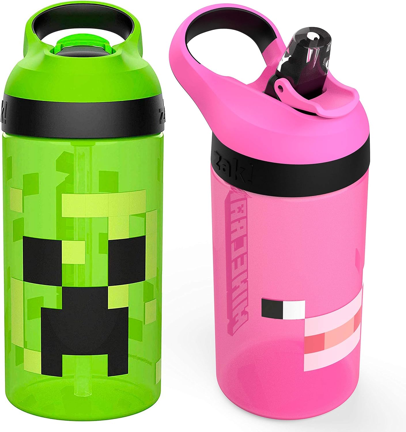 Zak Designs Minecraft Kids Water Bottle with Straw and Built in Carrying Loop Se...