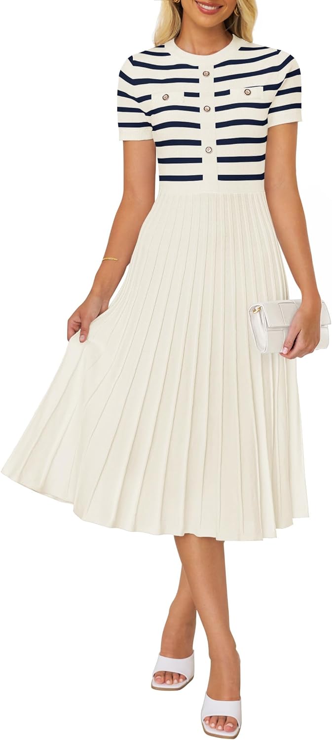 ZESICA Women's Casual Striped Midi Dress Crewneck Short Sleeve Button Ribbed Kni...