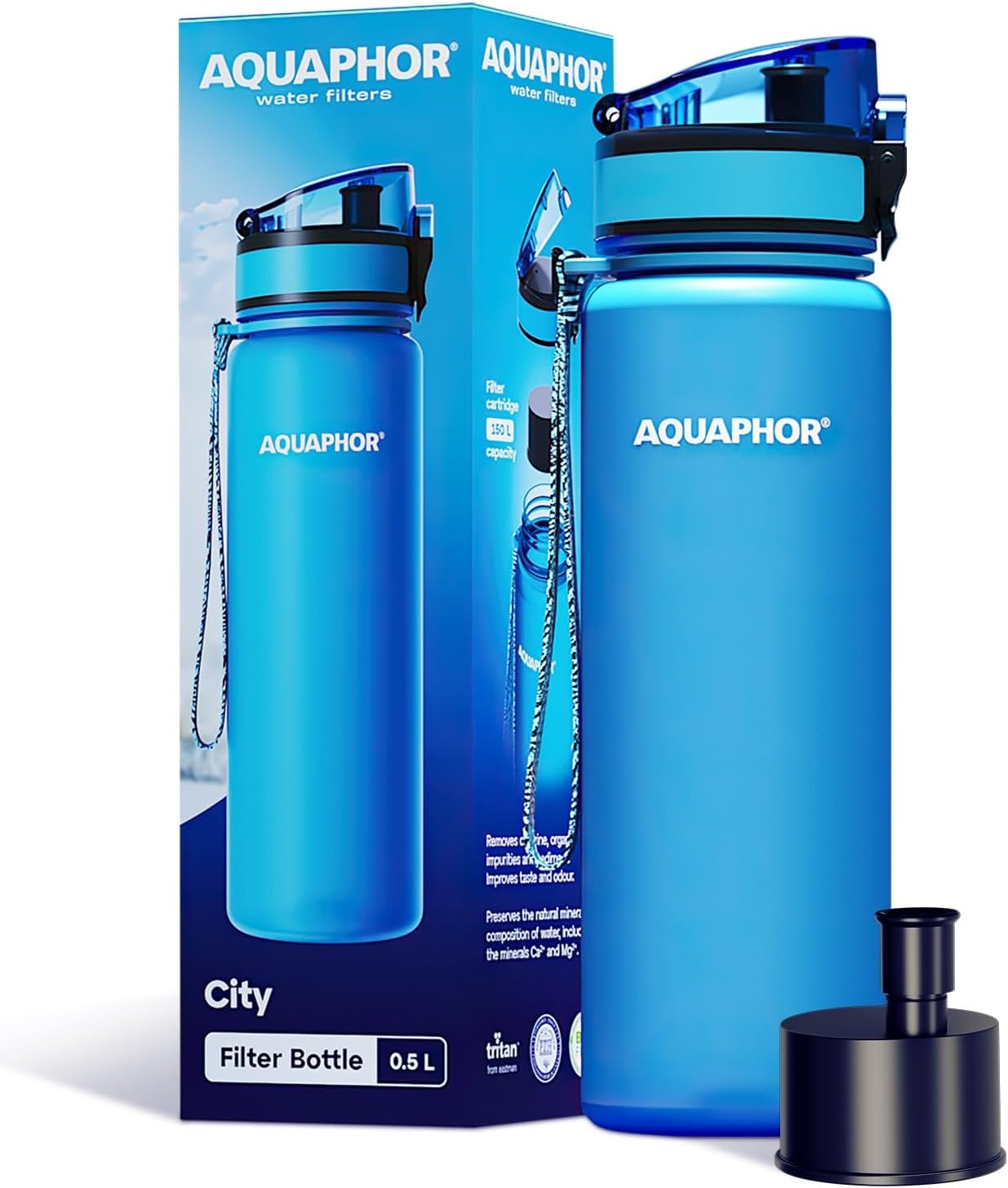 AQUAPHOR City Bottle 500ml Blue | Travel Water Bottle with Activated Carbon Filt...
