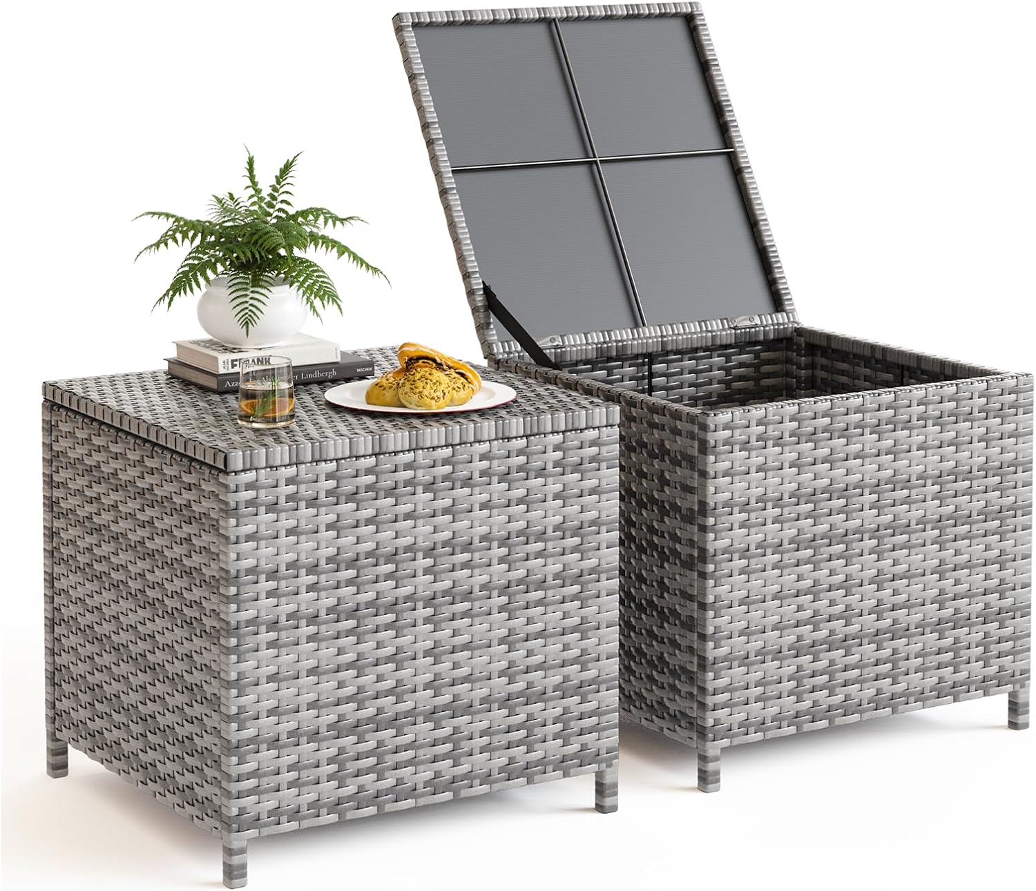 UDPATIO Outdoor Wicker Side Table with Storage Set of 2 Patio Rattan End Table S...