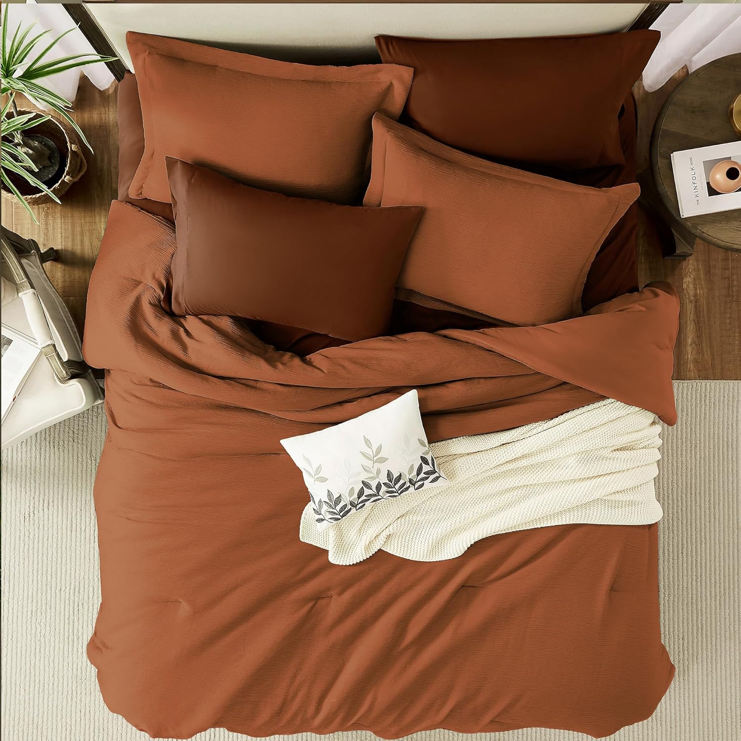 MaiRêve Terracotta King Size Comforter Set, Crinkled Design King Size Bed in a B...