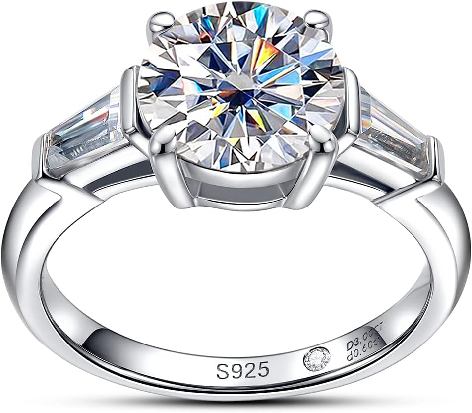 AnuClub Round Cut Moissanite 3 Stone Engagement Rings D Color VVS1 Round Cut 14K...