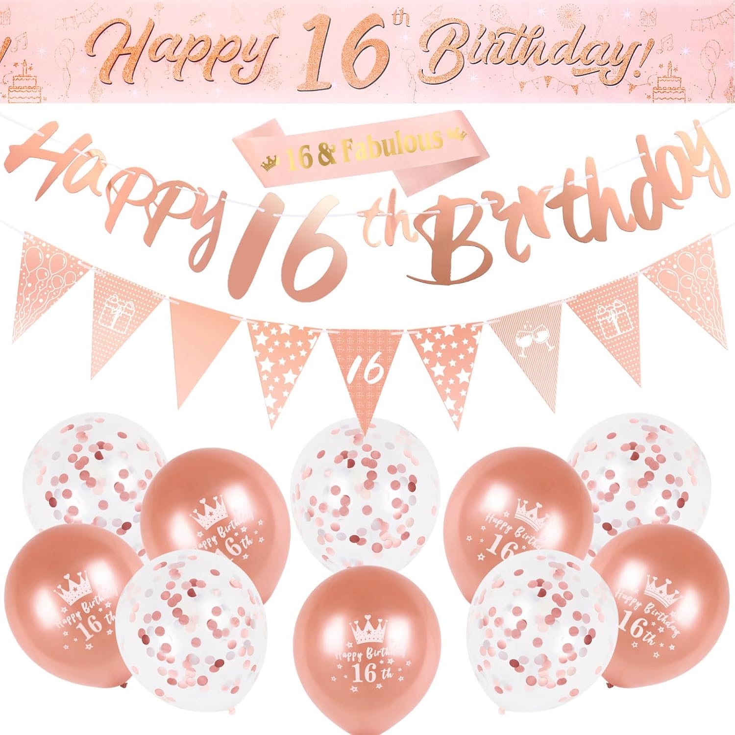 16th Birthday Decorations Kit Rose Gold Happy 16th Birthday Banner Triangle Flag...