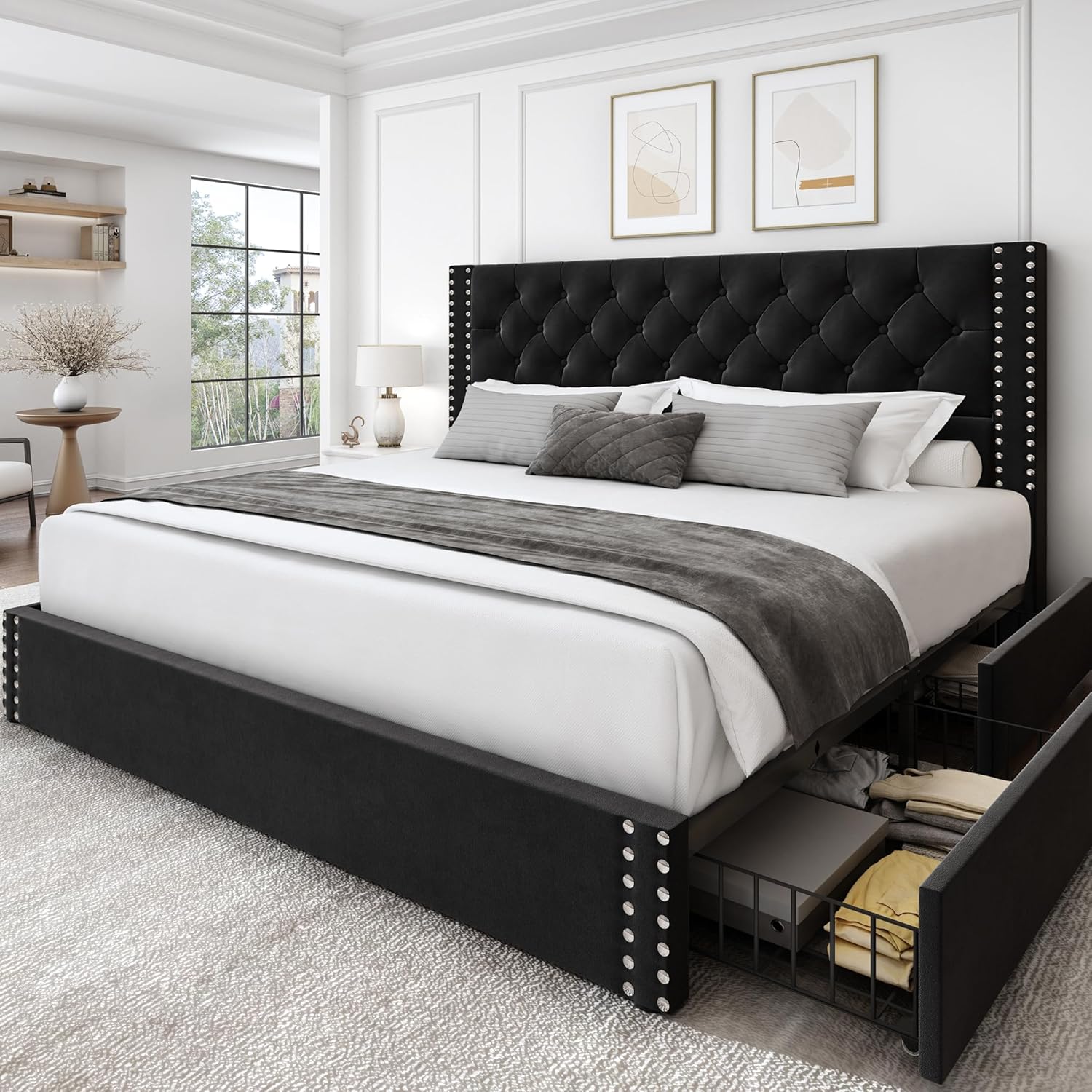 King Size Bed Frame with Storage and Tufted Headboard Velvet Upholstered Platfor...
