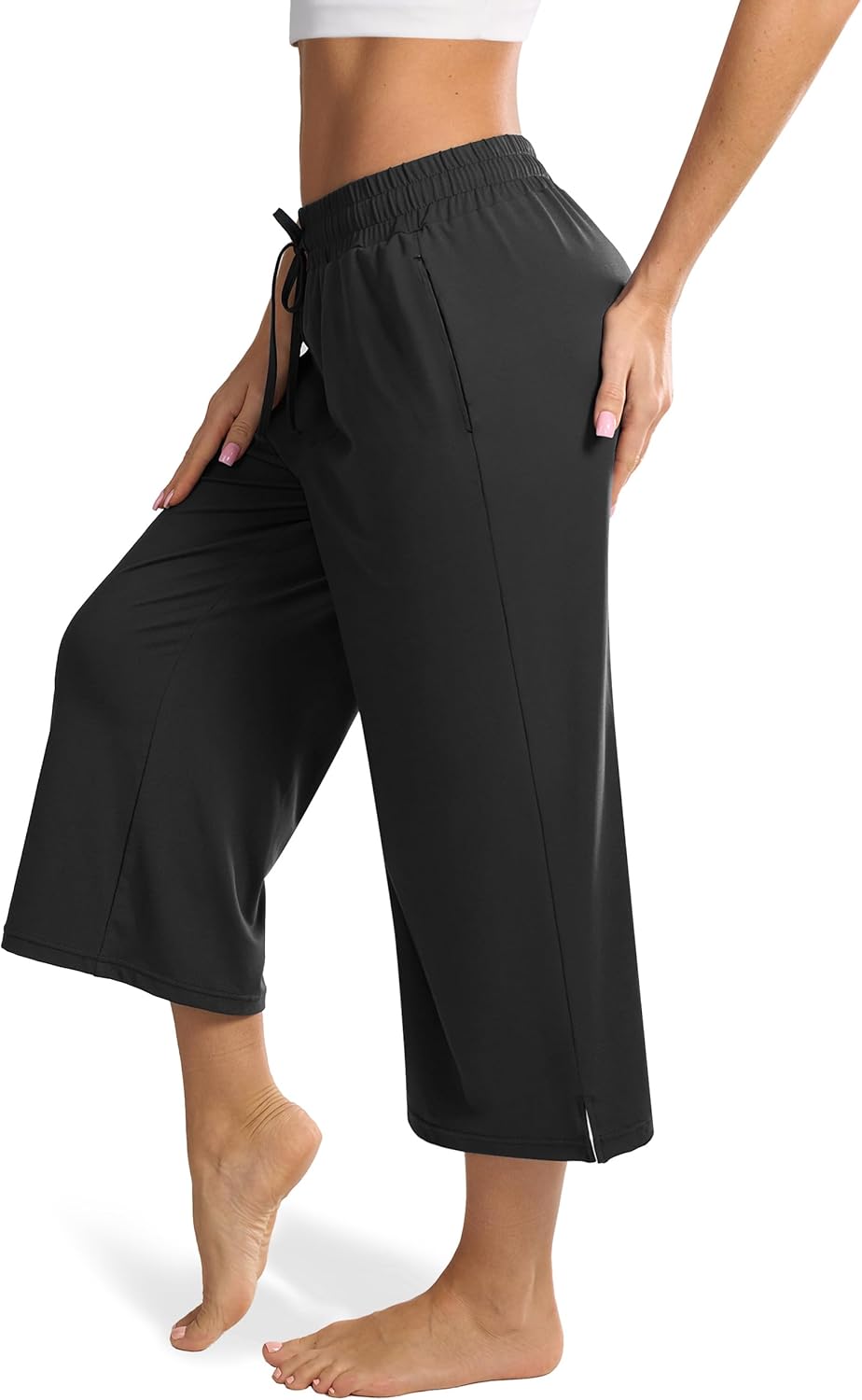 Maxbee Wide Leg Capri Pants for Women Loose Yoga Pants Drawstring Comfy Lounge S...