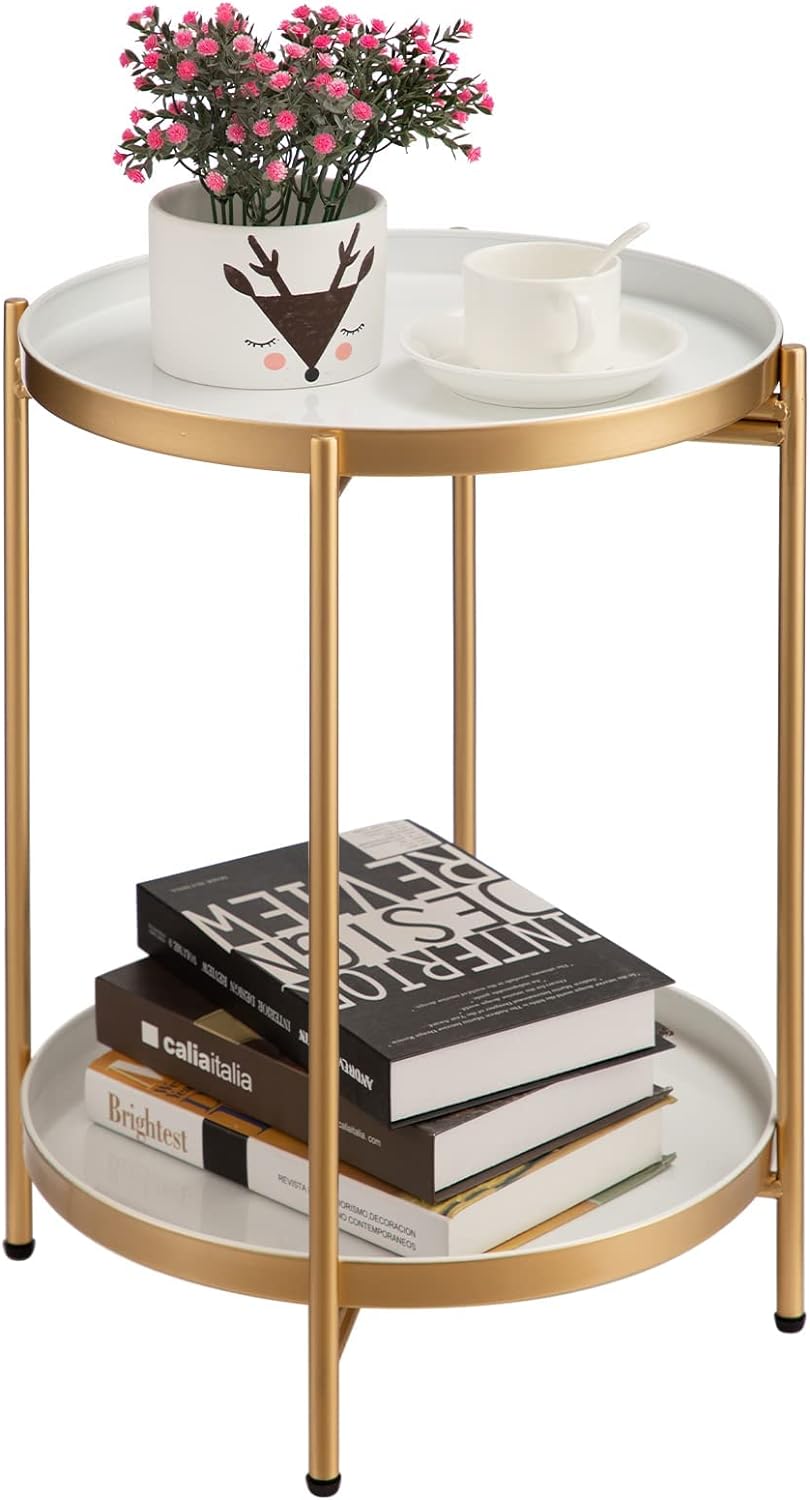 HollyHOME Round Side Table Metal End Table, 2-Tier Tray Snack Table Coffee Table...