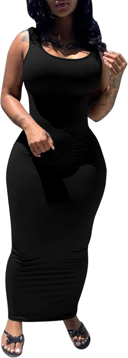 PINSV Women's Sexy Bodycon Tank Dress Basic Sleeveless Long Maxi Dresses Party C...