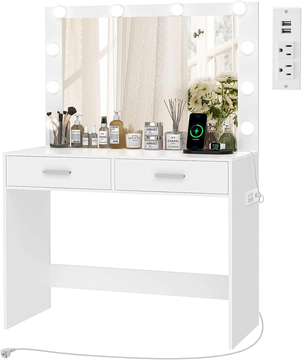 usikey Vanity Desk with Large Lighted Mirror, Makeup Vanity with 10 Lights, 2 Dr...