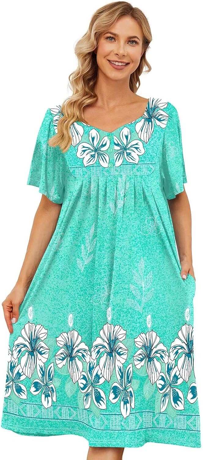 House Dresses for Women with Pockets Moo Moo Nightgown Short Sleeve Mumu Dress L...