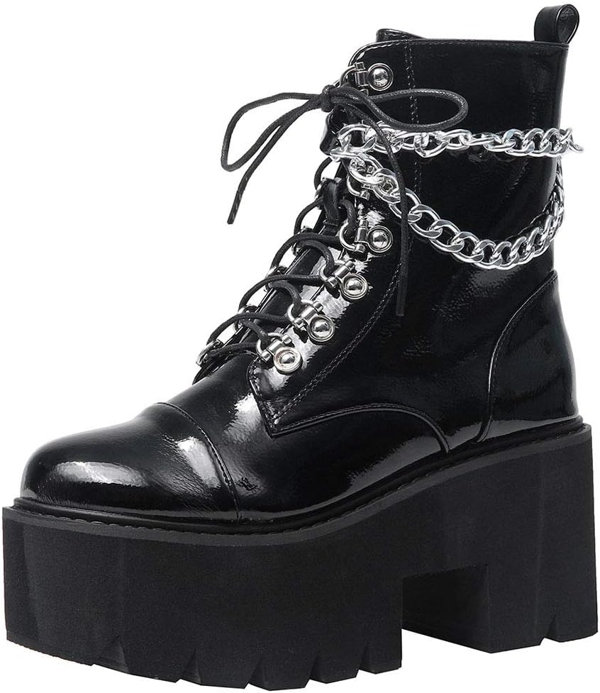 CYNLLIO Women's Lace-up Studded Motorcycle Boots, Special Fashion Block Heel Pla...