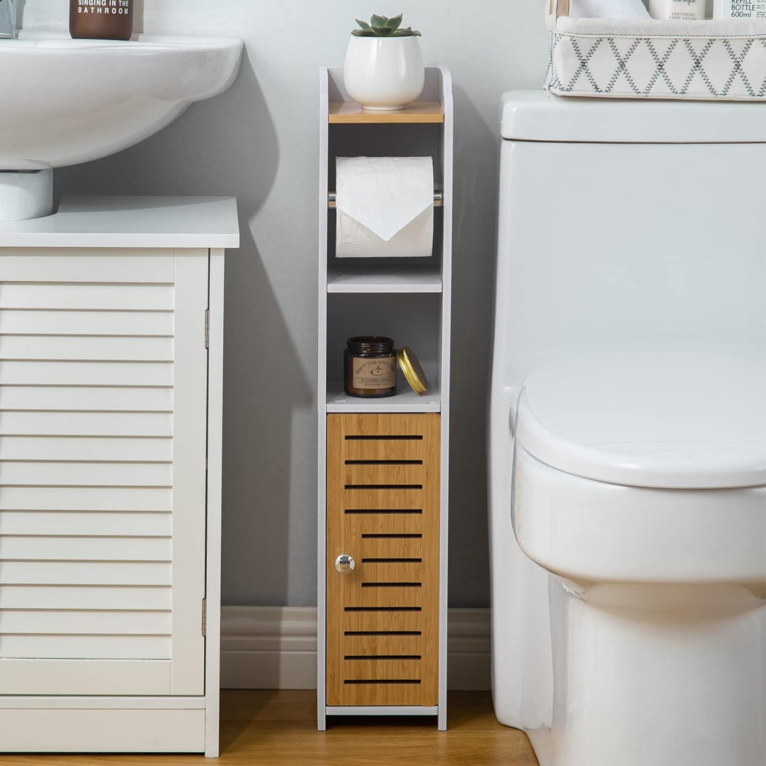 AOJEZOR Toilet Paper Holder Stand: Small Bathroom Storage Cabinet for Small Roll...