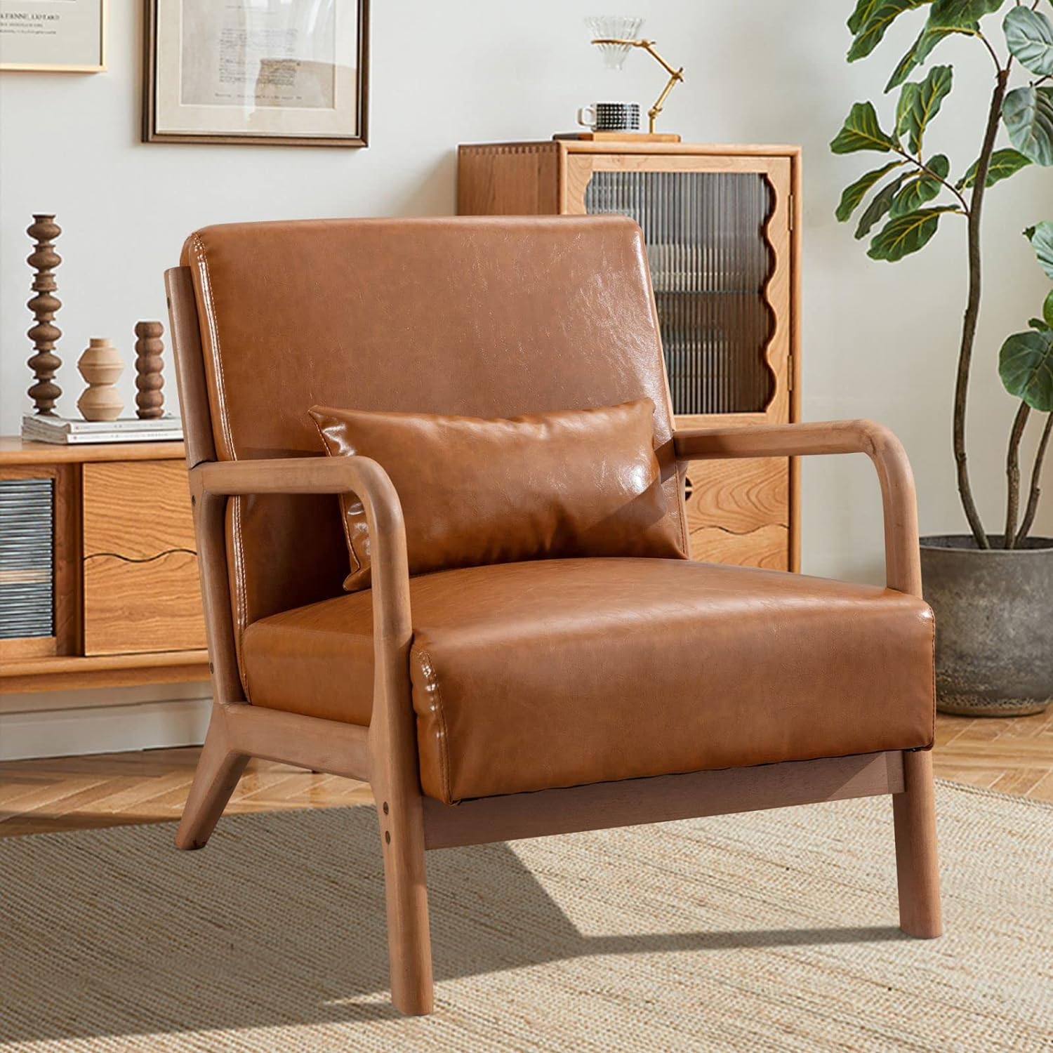 INZOY Mid Century Modern Accent Chair with Wood Frame, PU Leather Reading Armcha...