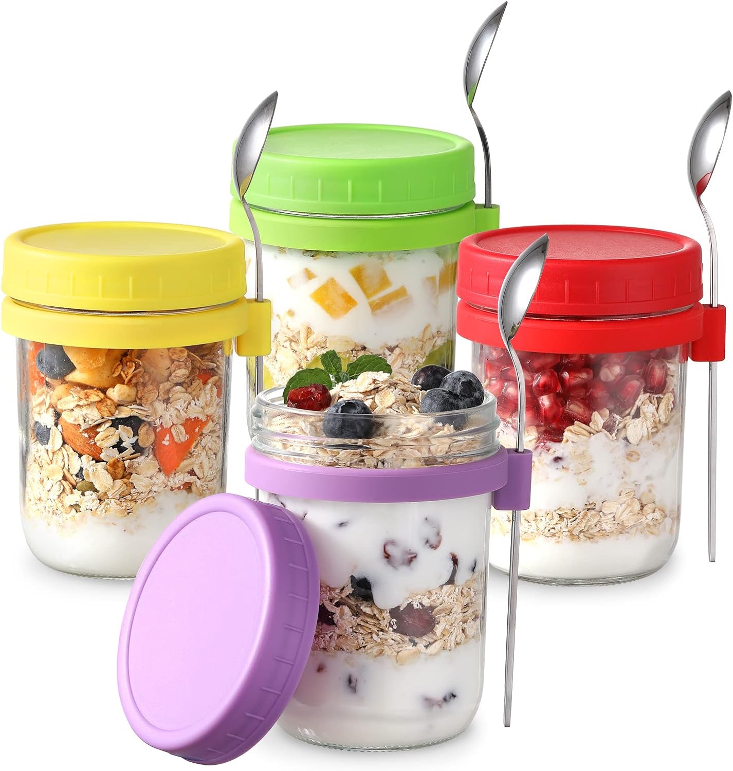LANDNEOO 4 Pack Overnight Oats Containers with Lids and Spoons, 16 oz Glass Maso...