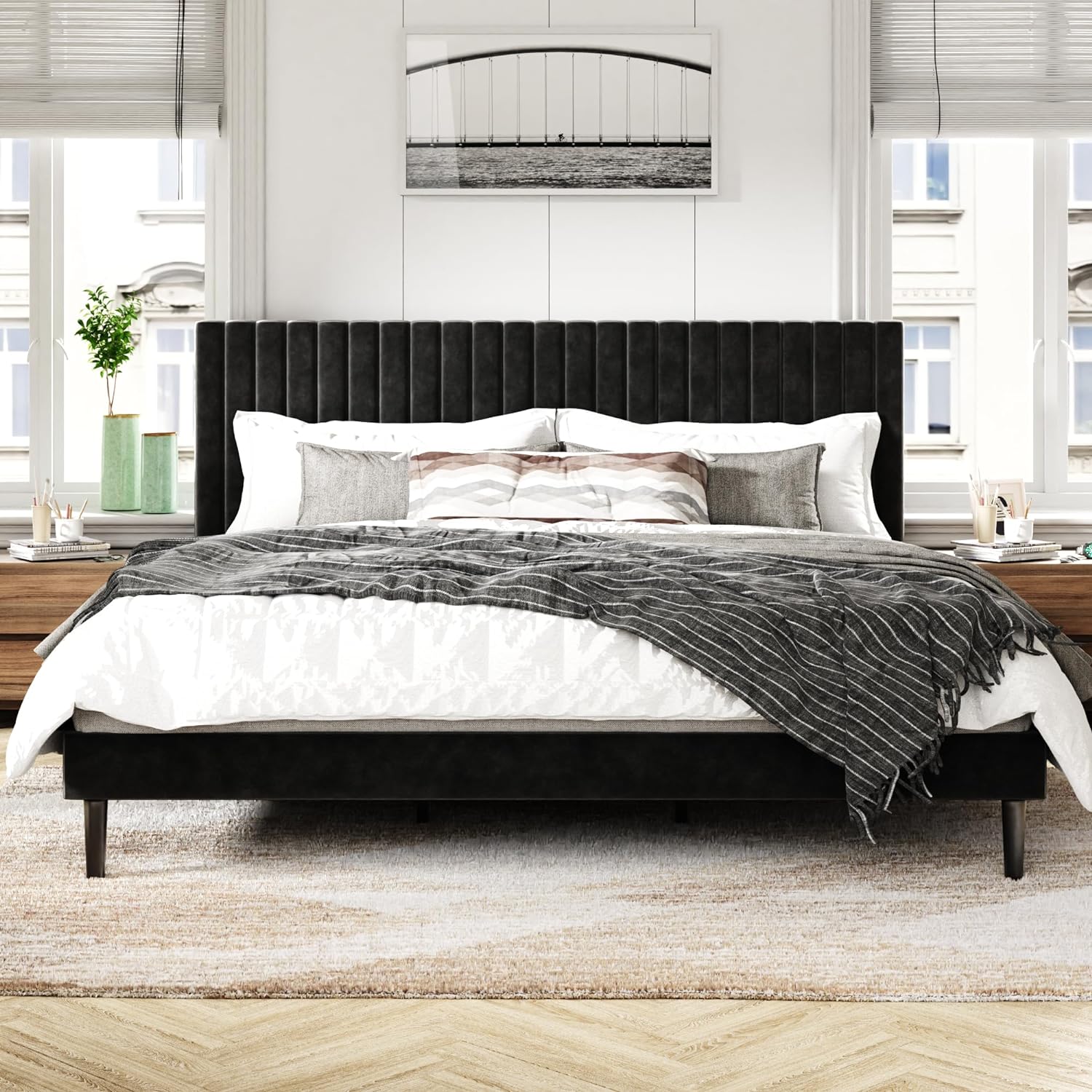 King Size Bed Frame with Velvet Upholstered Headboard, Platform Bed with Strong...
