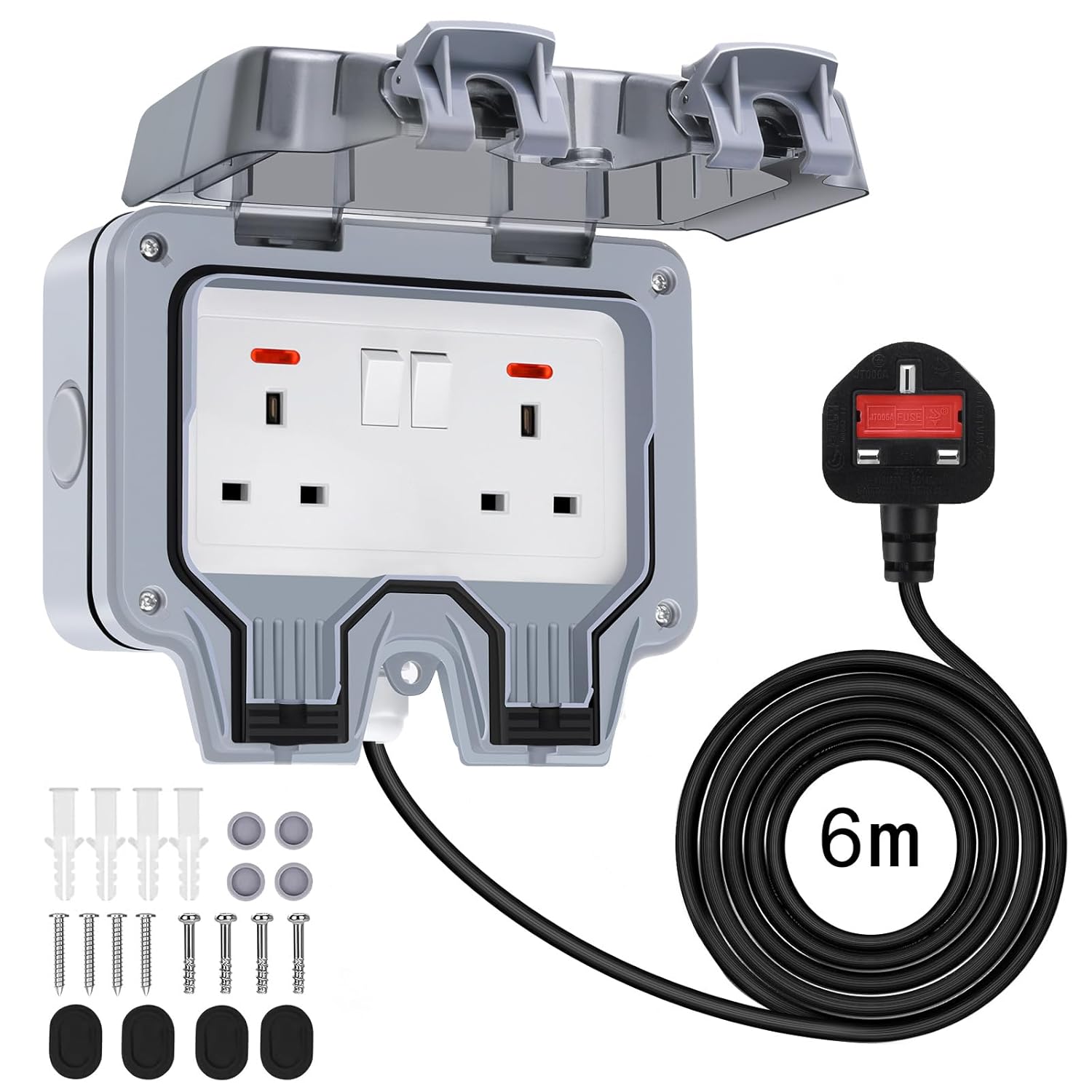Chilymes Double Outdoor Socket with 6m Extension Lead, Outside Plug Socket IP66...