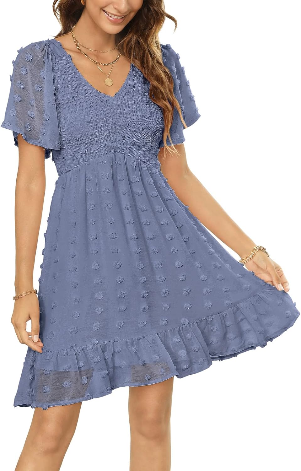 Zattcas Womens 2024 Summer Smocked Dress Short Flutter Sleeve V Neck Swiss Dot B...