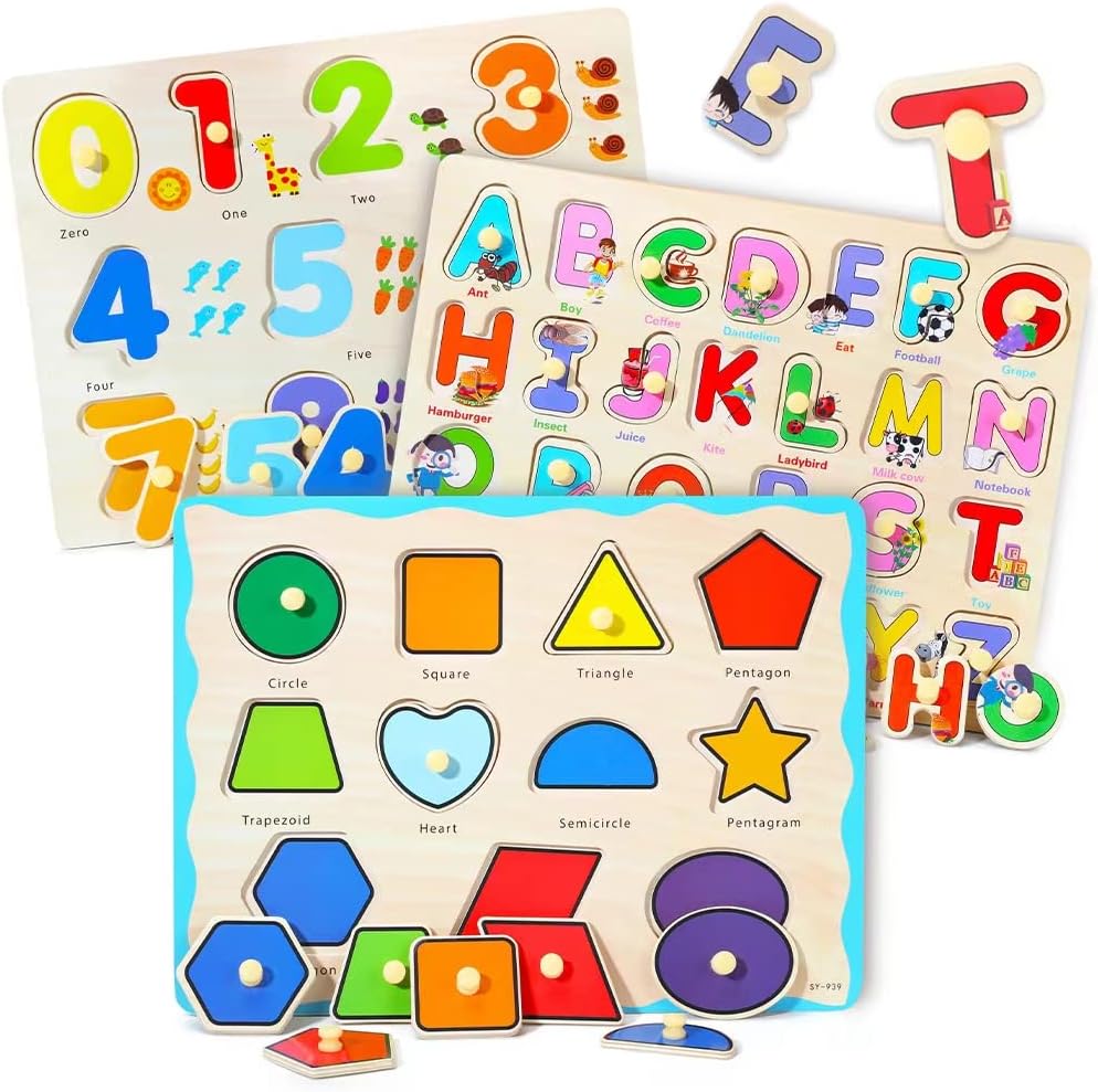GRINNNIE Wooden Montessori Toddler Puzzles, Special Educational Peg Puzzle Set f...