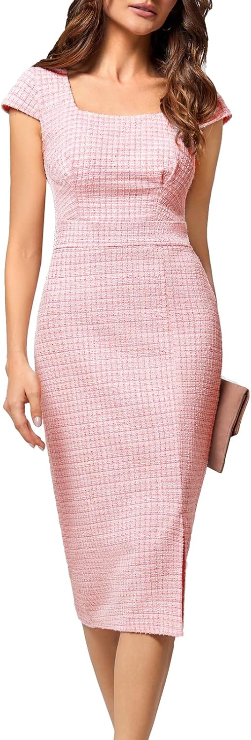 JASAMBAC Women's Vintage Midi Pencil Dress Tweed Cap Sleeve Sheath Dress Square...