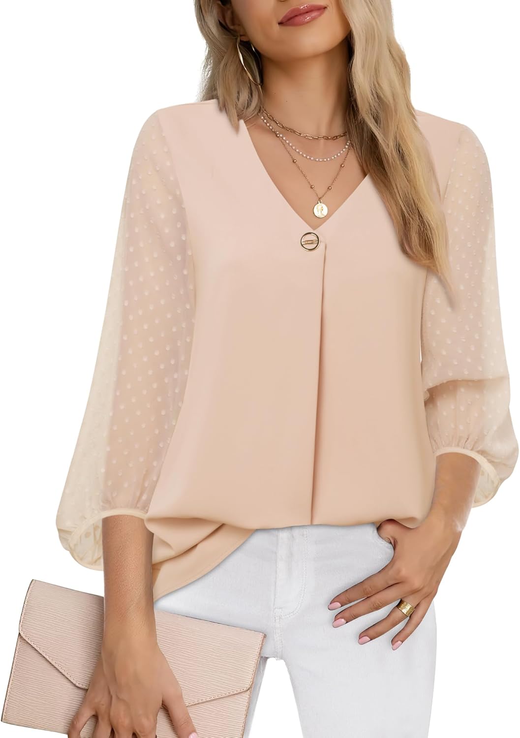 Bebonnie Womens Tops, Special Lantern 3/4 Sleeve Casual Blouse, Innovative V Nec...