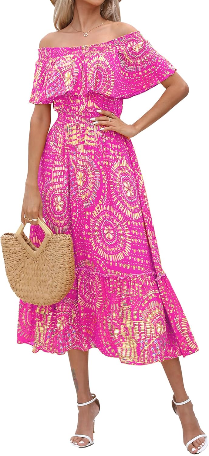 Prettywear Women's 2024 Spring Summer Boho Off Shoulder Midi Dress Floral Short...