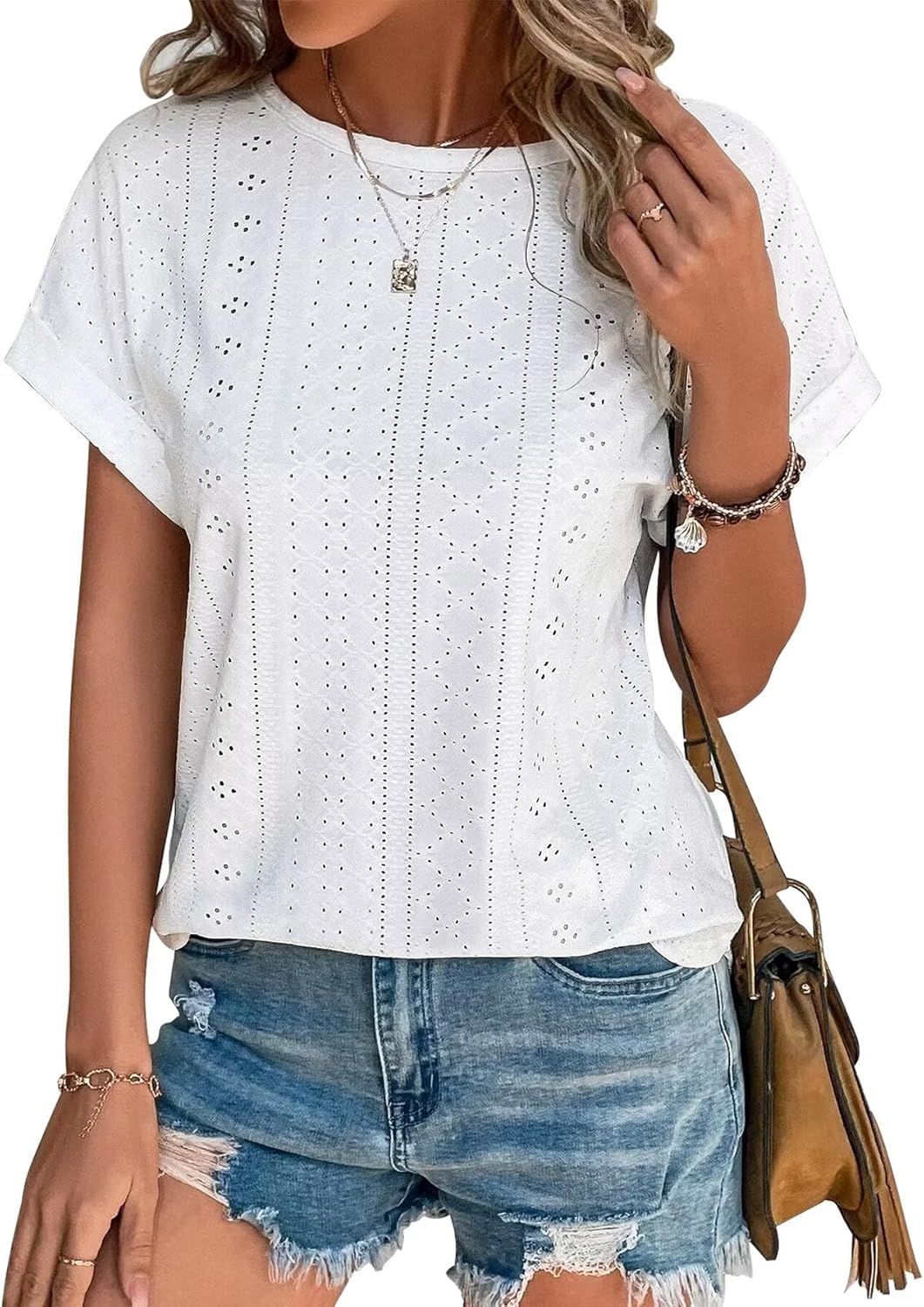 Bliwov Womens Tops Eyelet Embroidery Summer Spring Fashion Clothes 2024 Casual S...