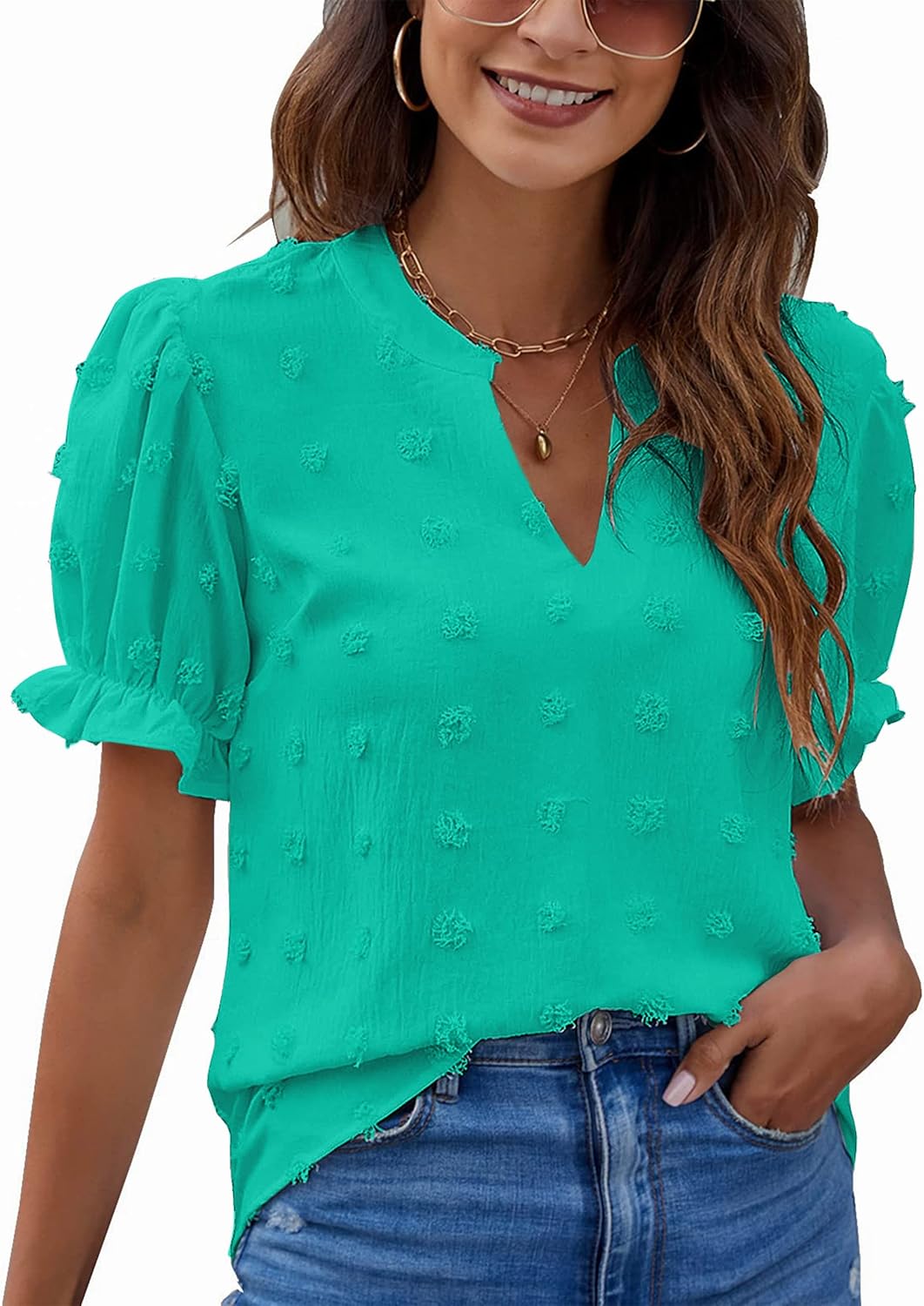 Blooming Jelly Womens Puff Sleeve Summer Tops Chiffon Short Sleeve Blouses White...