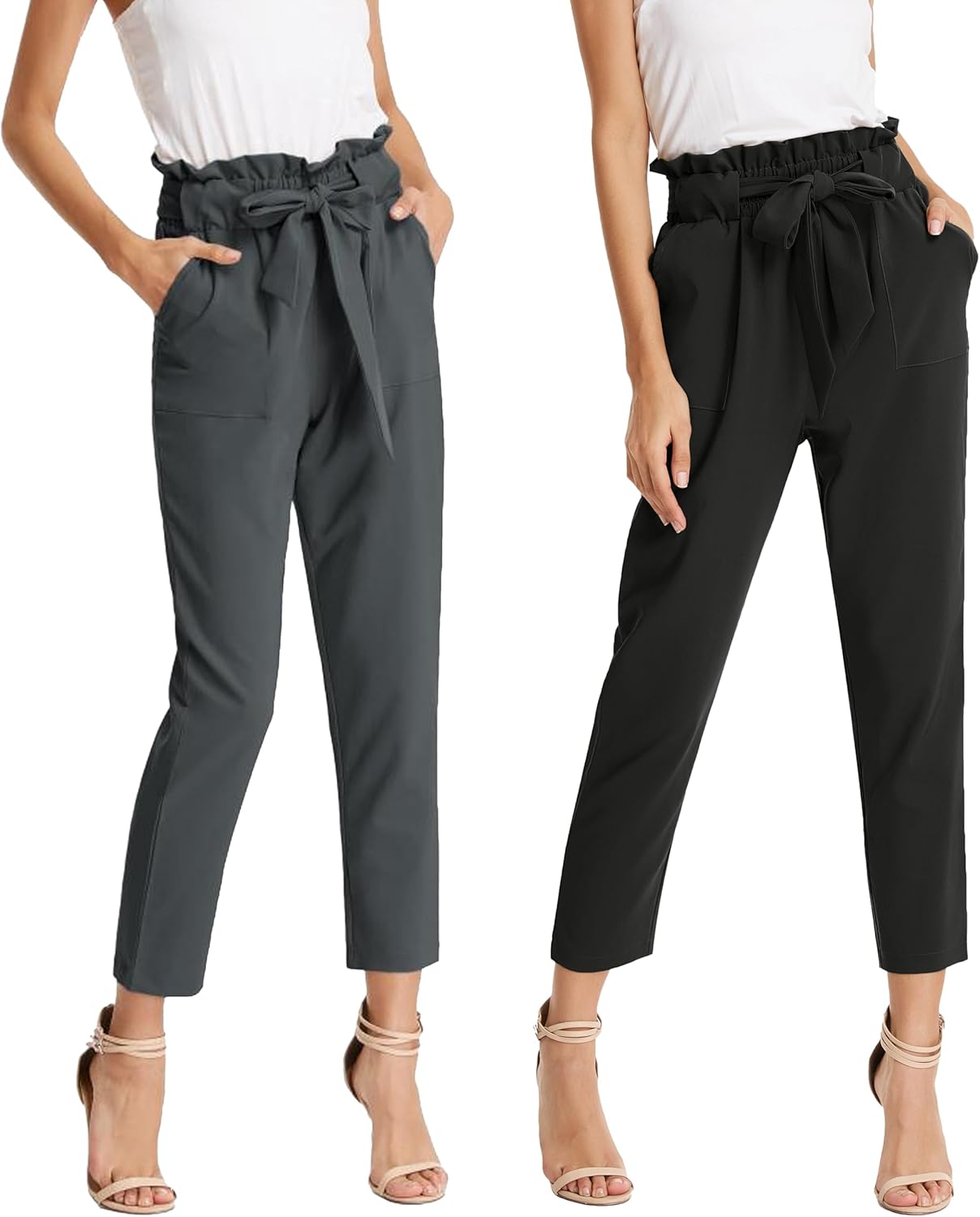 GRACE KARIN 2 Pack Women's Pants Elastic High Waist Belted Casual Pencil Dressy...