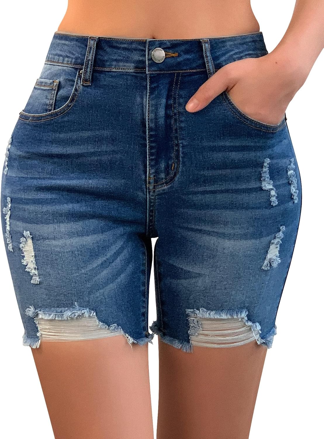 roswear Women’s Casual Summer Ripped High Waisted Denim Shorts Stretch Distresse...