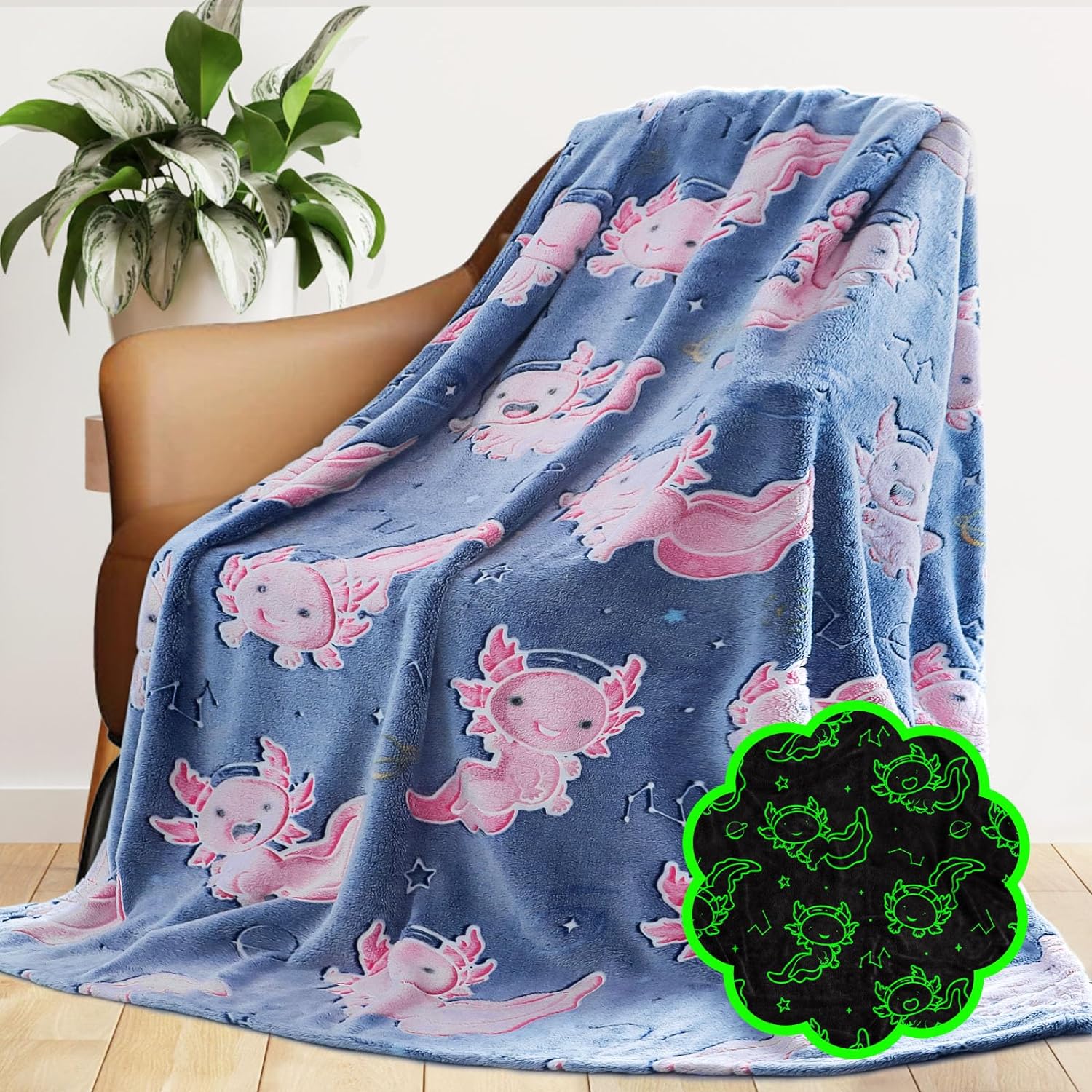 Axolotl Blanket, Special Glow in The Dark Salamander Soft Blanket, Unique Pink A...