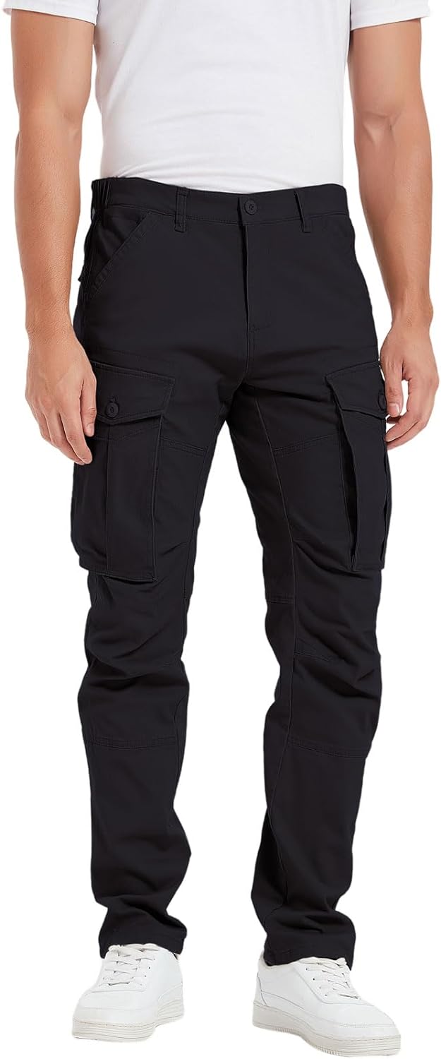 Plaid&Plain Men's Cargo Pants Slim Fit with Articulated Knees Black 28W x 28L