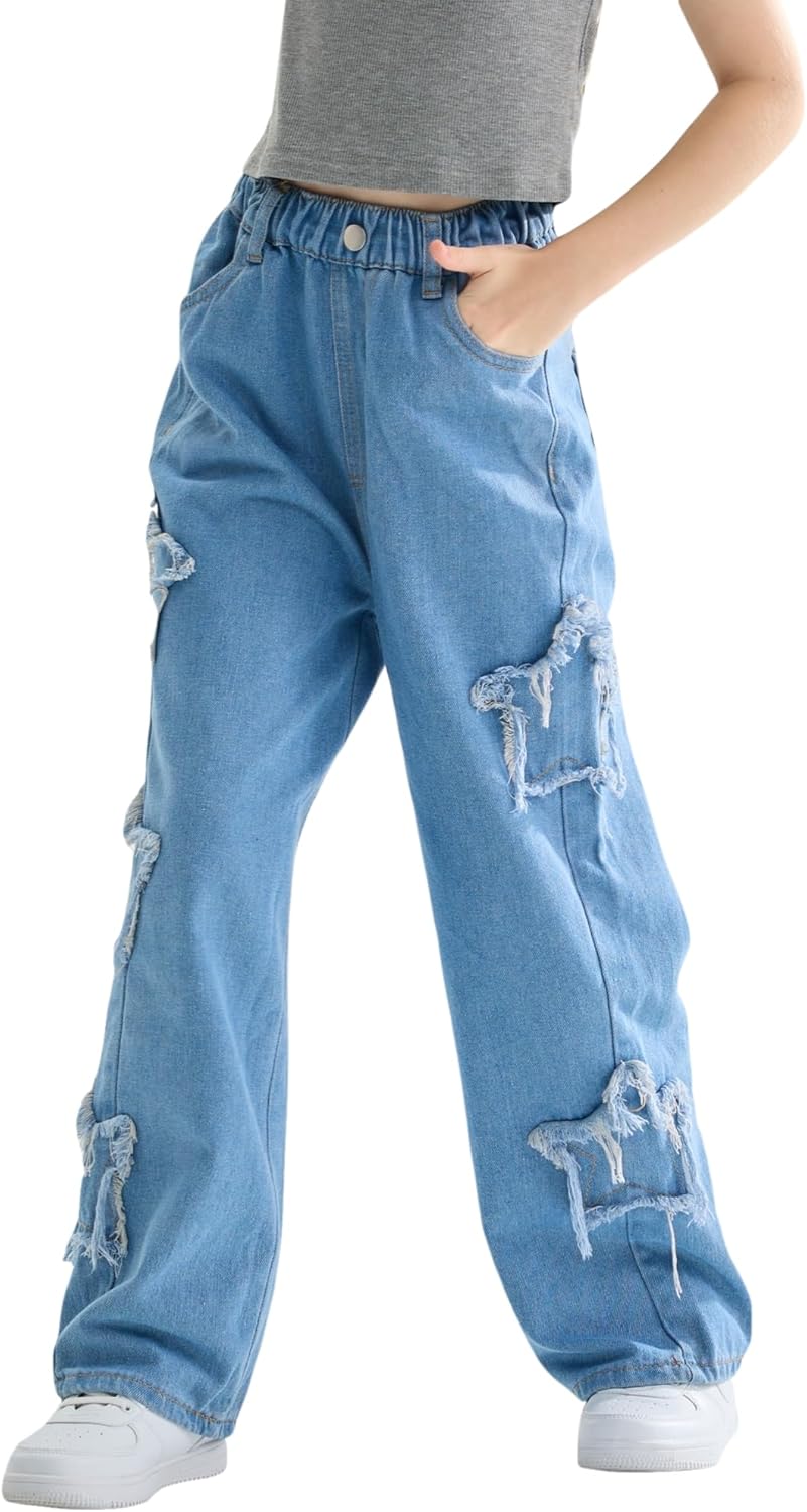 Rolanko Girls Jeans Bootcut Ripped Elasticated Waist Retro Style Denim Pants for...