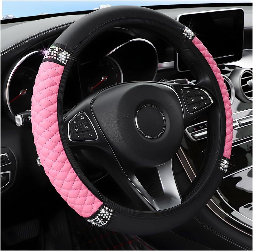 Bling Car Steering Wheel Cover, Special 15 Inch Rhinestones Soft Leather Elastic...