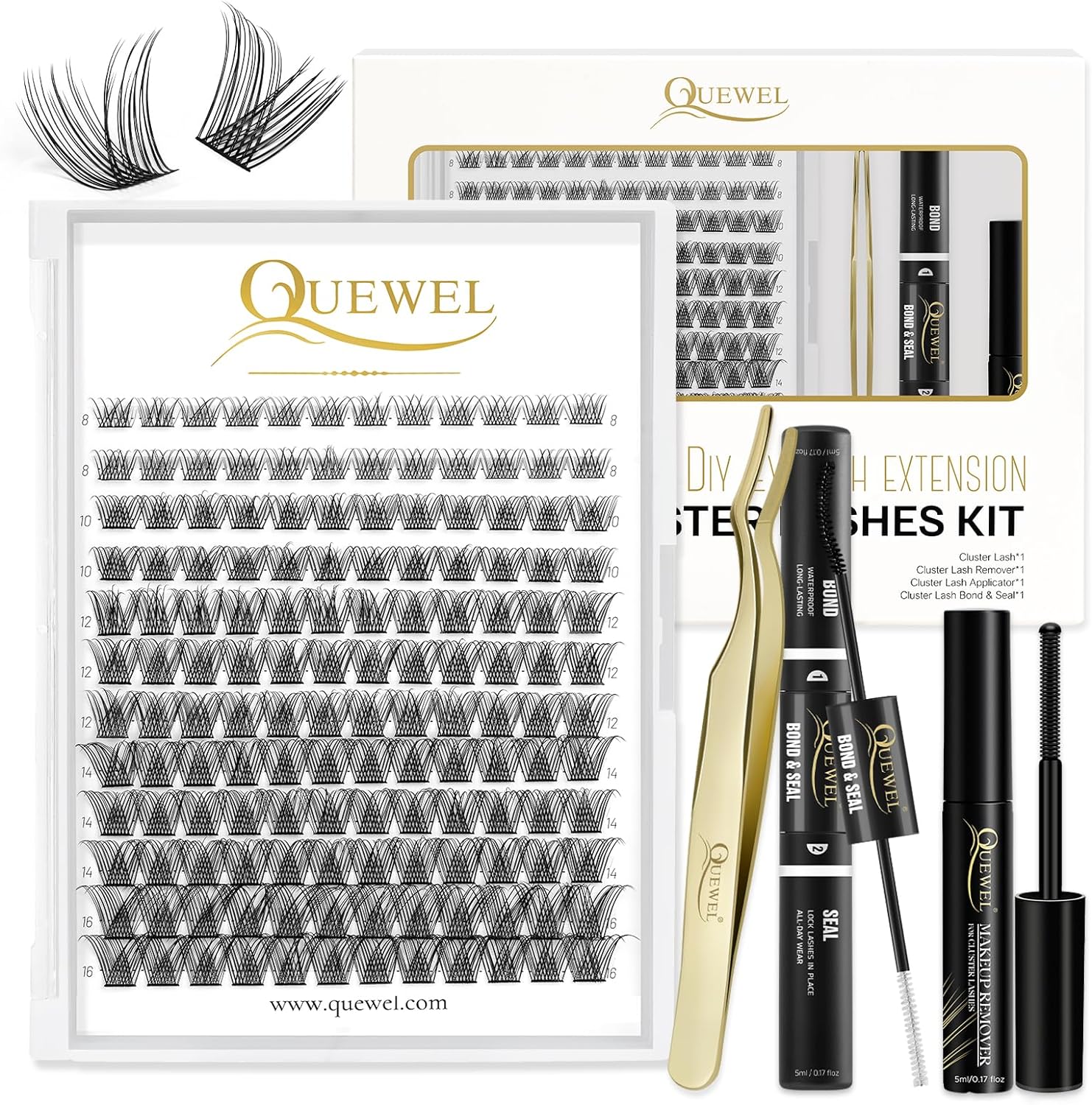 Individual Lashes 144 Cluster-Lashes QUEWEL DIY Eyelash Extensions Kit, Clusters...