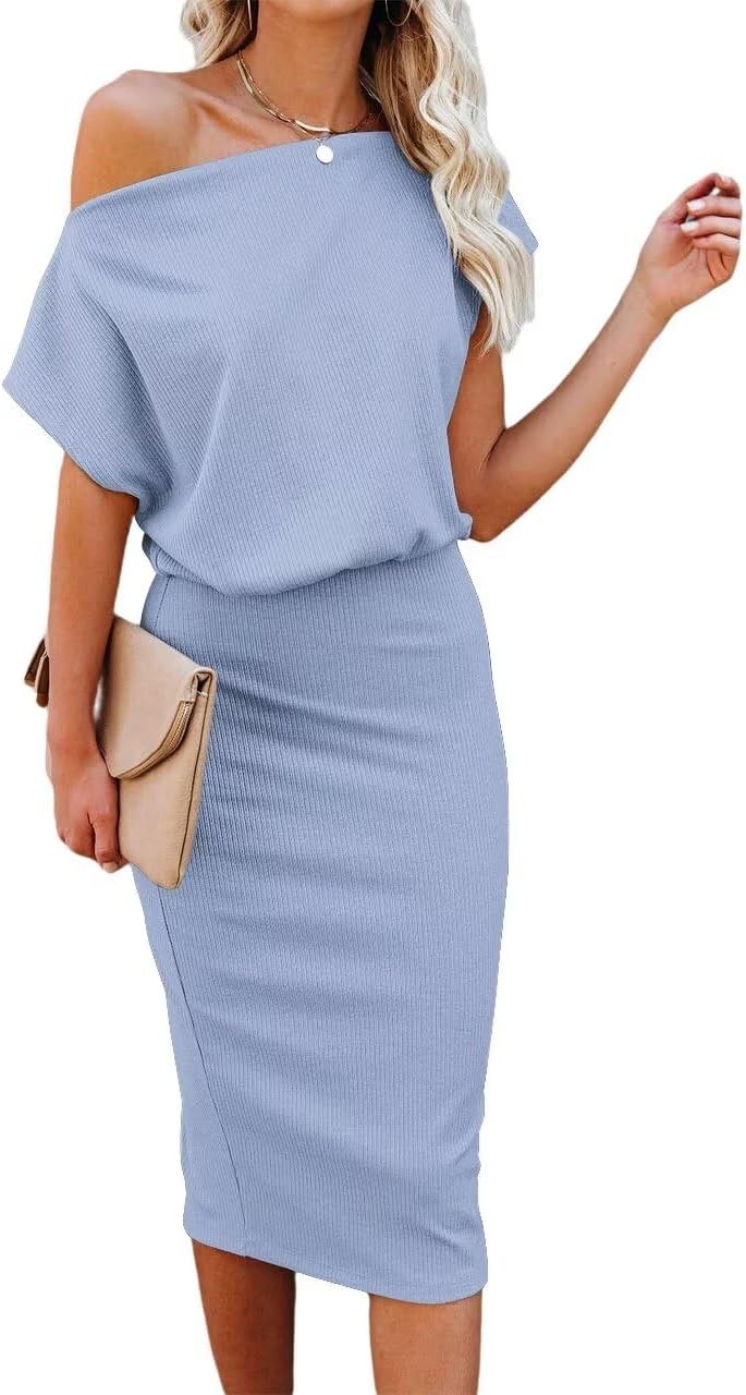 Ezbelle Women's 2024 Summer Dress Off The Shoulder Short Sleeve Ribbed Casual Pa...