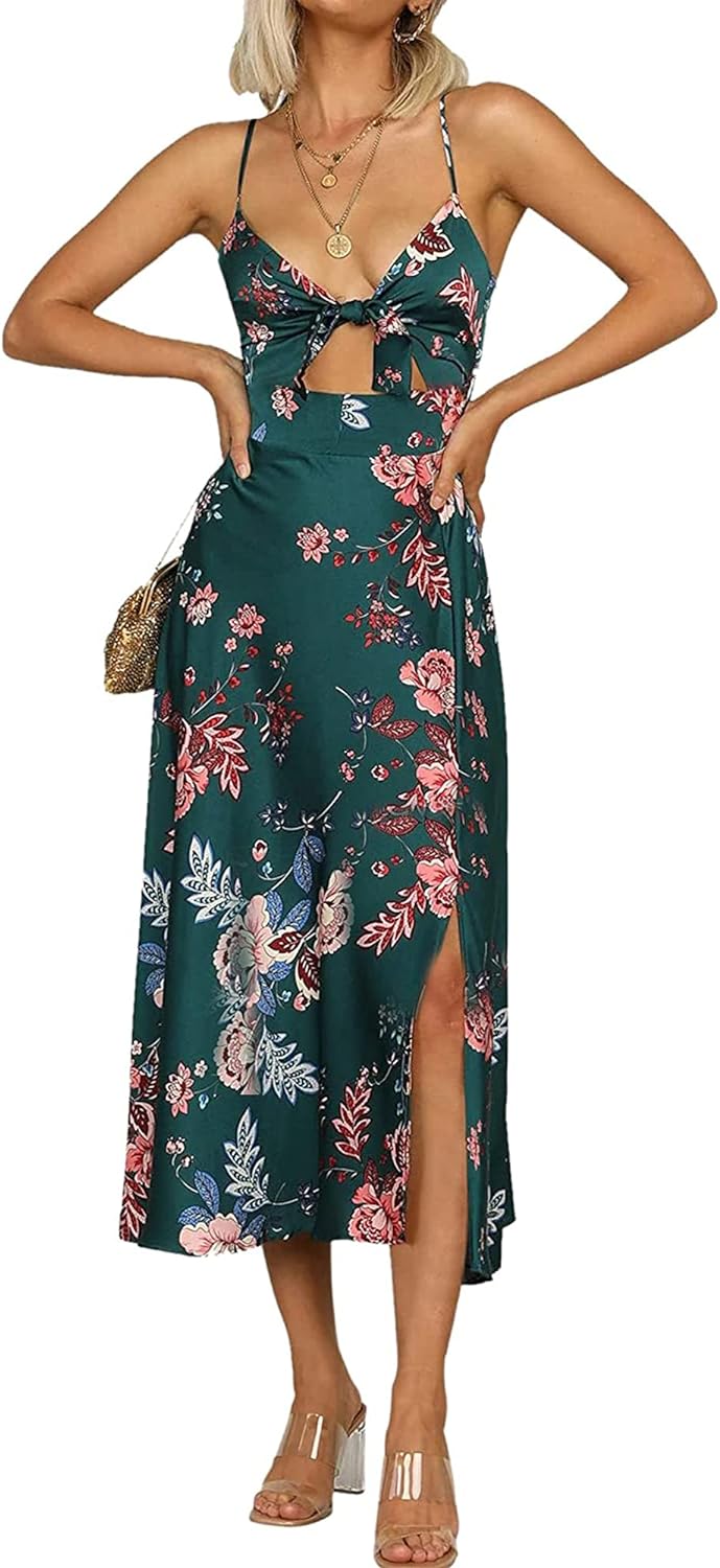 Fashionme Women Spaghetti Strap Midi Satin Dress, Special Tie Front Backless Dre...