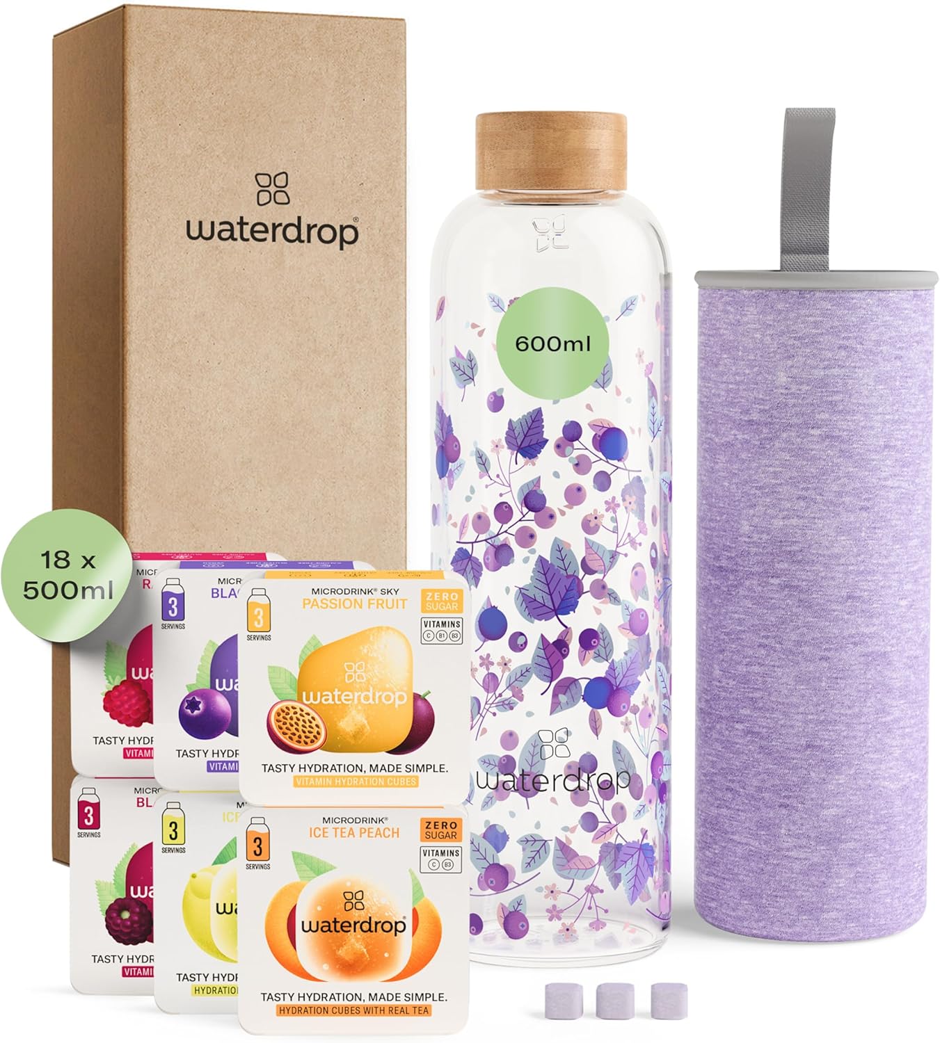 Waterdrop® Starter Set, Special Hydration Glass Bottle with 600ml Borosilicate,...