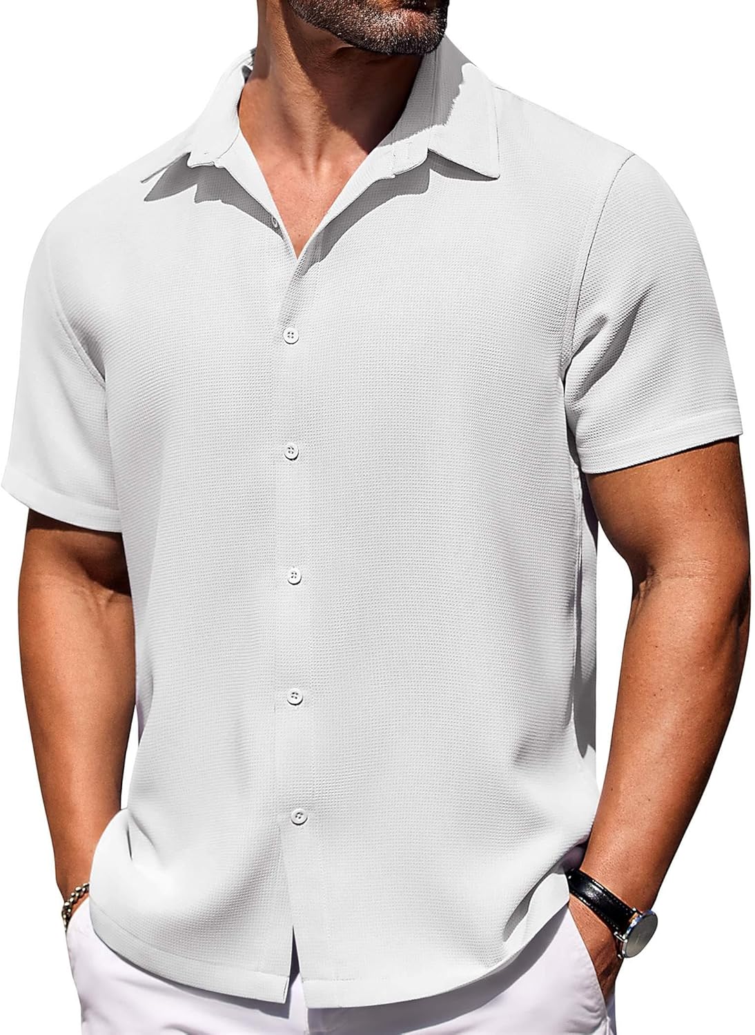 COOFANDY Mens Waffle Shirt, Special Short Sleeve Button Down Shirts, Unique Casu...