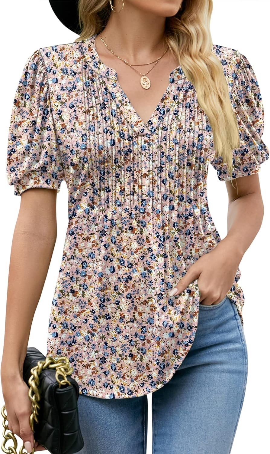 LOMON Shirts, Special Women's Puff Short Sleeve Pleated T-Shirts, Fashionable V...