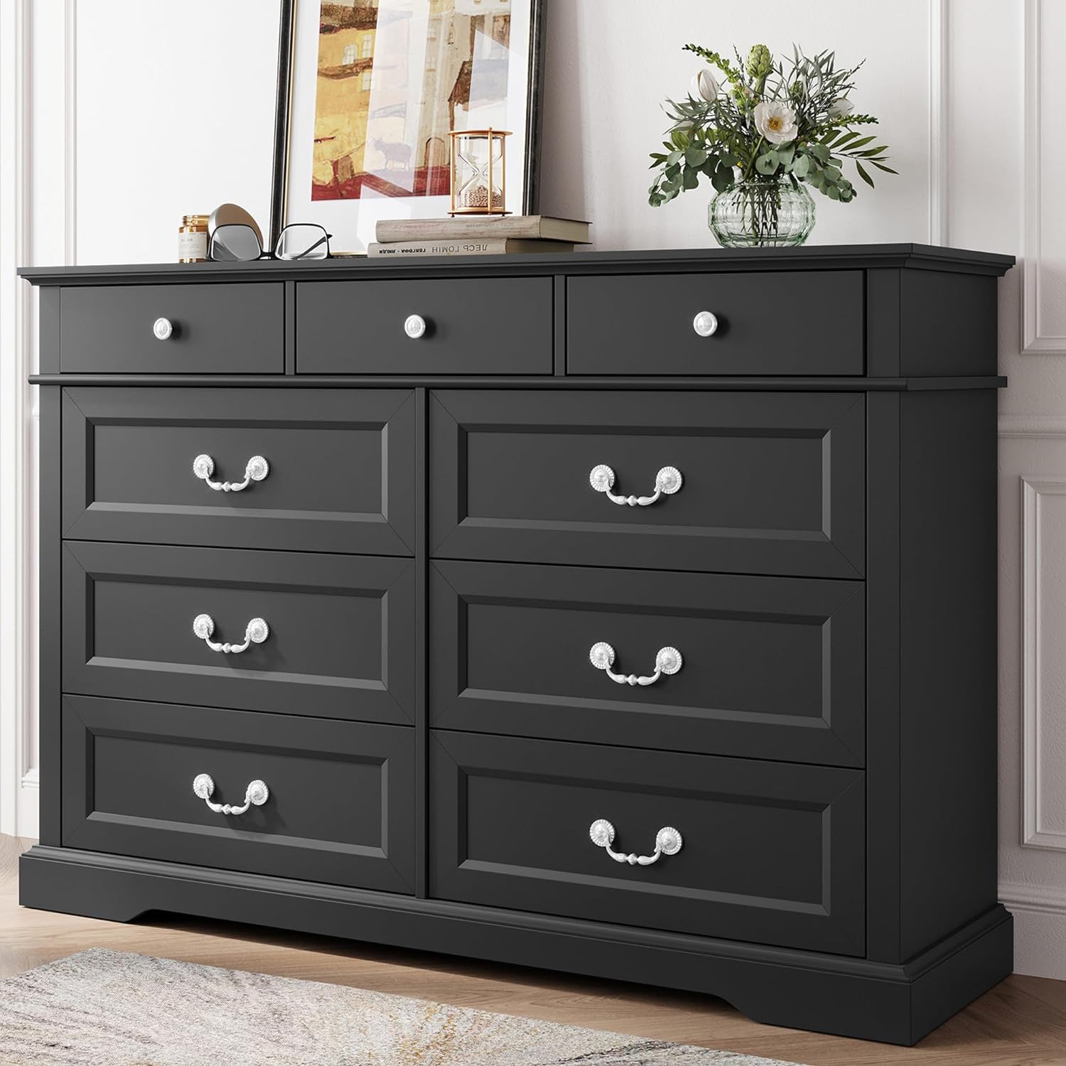 LINSY HOME 9 Drawers Dresser for Bedroom, Wood Bedroom Dresser Farmhouse Drawer...