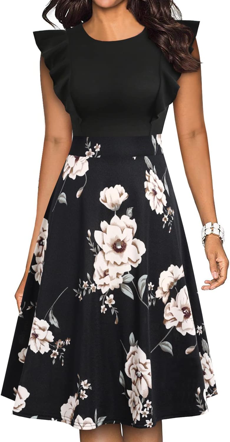 YATHON Women's Vintage Ruffle Floral Flared A Line Swing Casual Cocktail Party D...