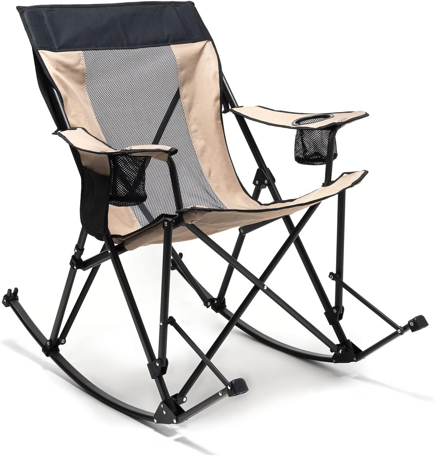 SUNNYFEEL Camping Rocking Chair, Folding Lawn Chairs with Cup Holder, Storage Po...