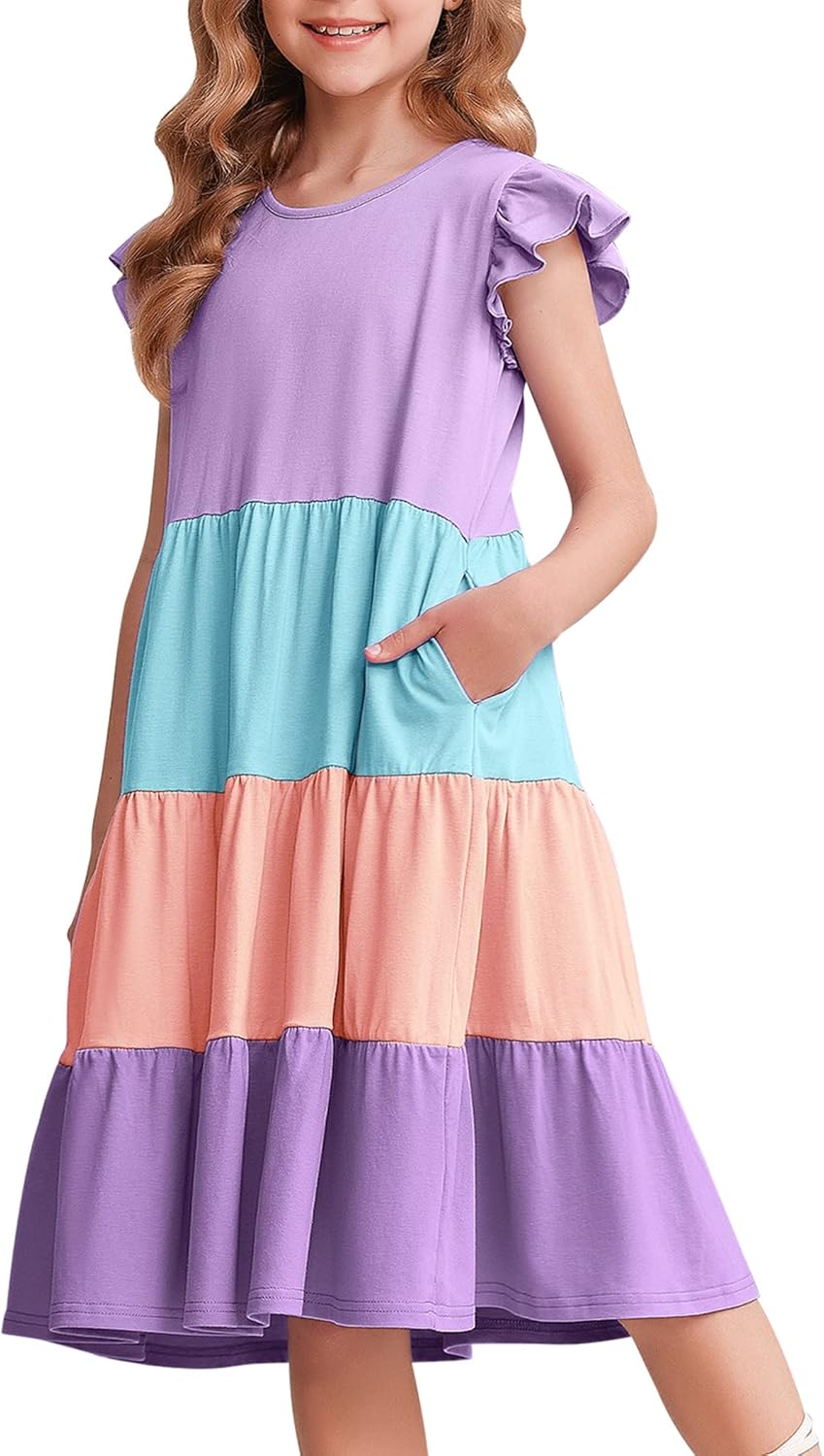 Arshiner Girl's Summer Dresses, Special Ruffle Sleeve Tiered Swing Midi Casual S...