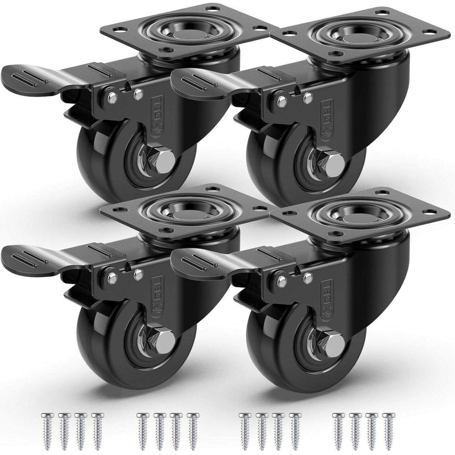 GBL Heavy Duty Castor Wheels with 4 Brakes + Screws - 50mm - 200 kg Load - Set o...
